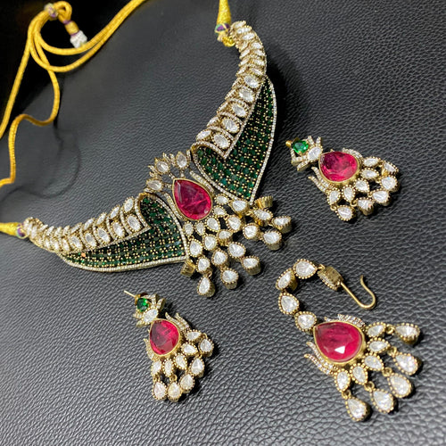 Achla Moissanite Hasli Style Necklace (Victorian Finish) - Green Ruby Red