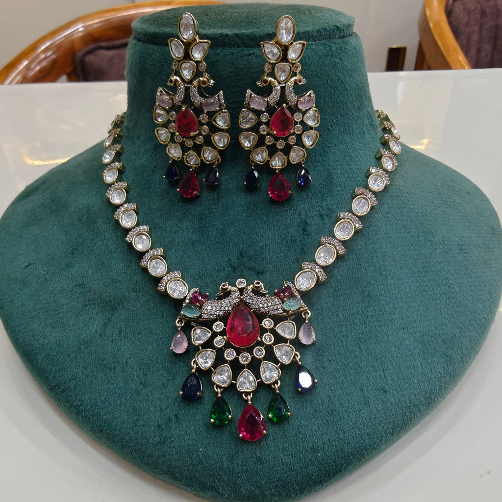 Chandrika Morni Uncut Moissanite Polki Necklace Set- Multi