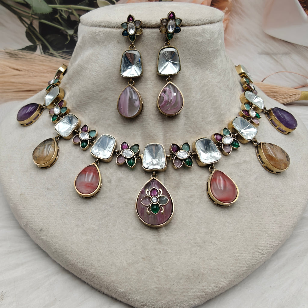 Khushbu Sabyasachi Inspired Natural Stones Necklace Set - Pastel Multi
