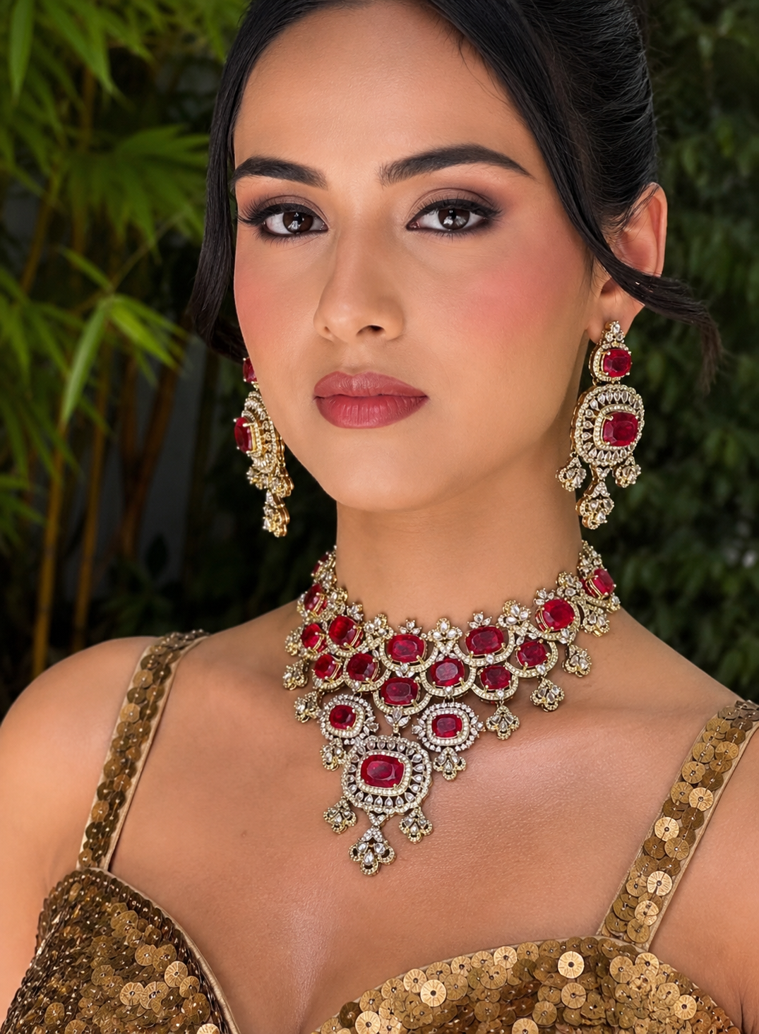 Anushka Doublet Polki Necklace Set- Red