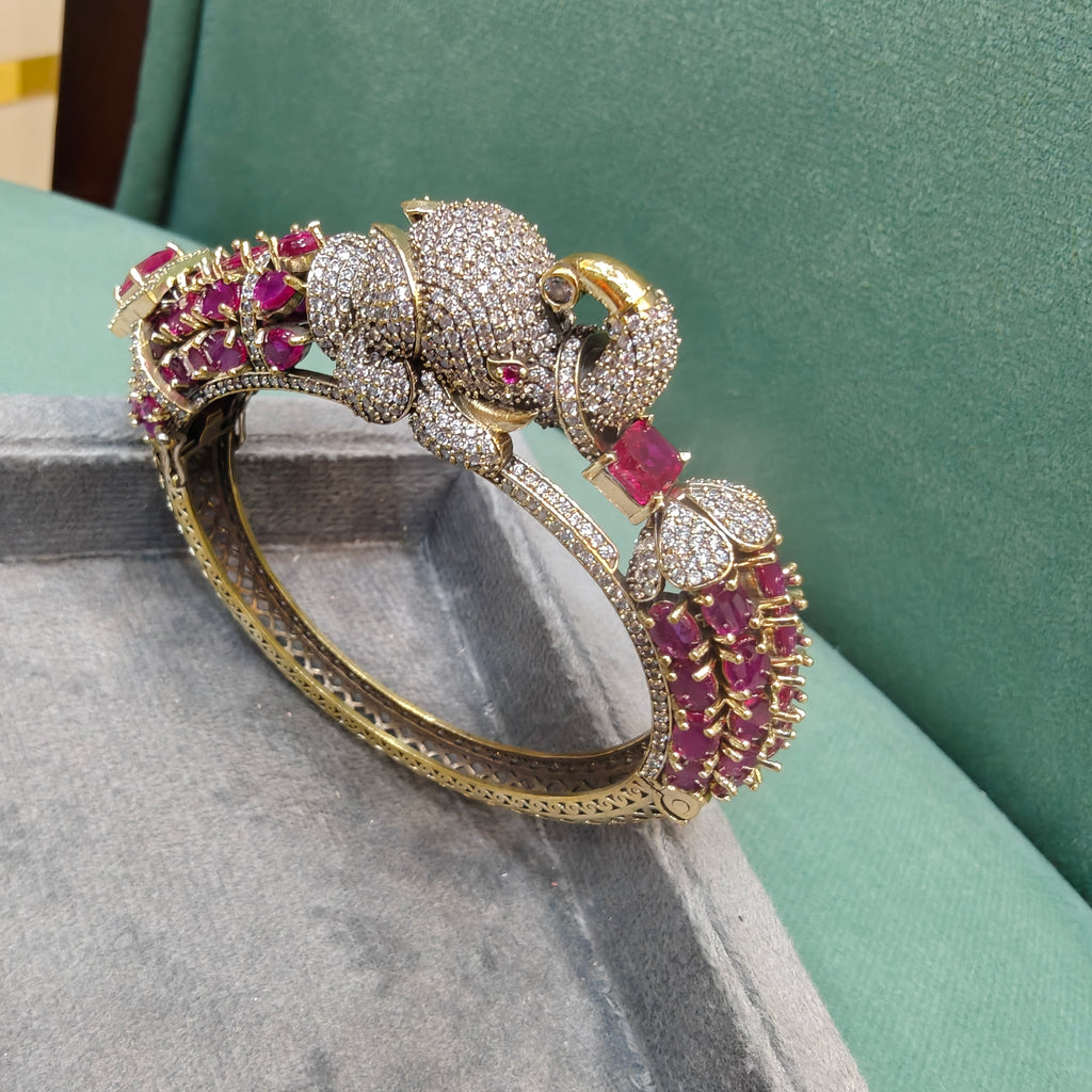 Elephant Openable Jadau AD Bracelet- Ruby Pink