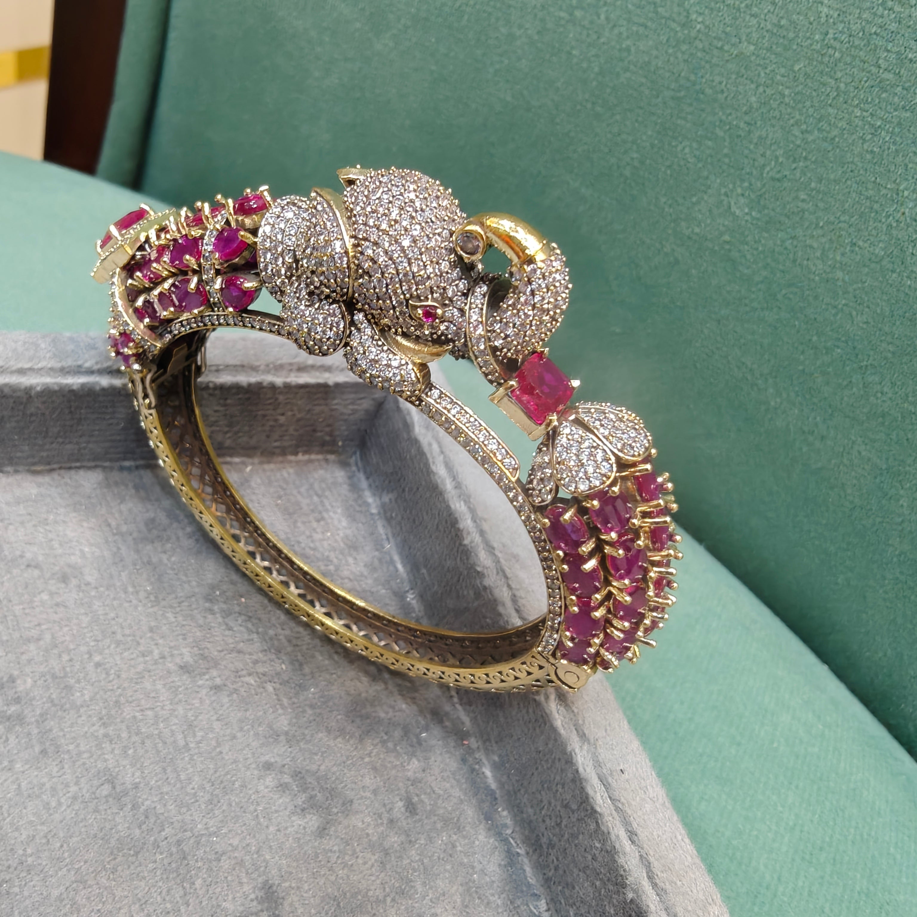 Elephant Openable Jadau AD Bracelet- Ruby Pink