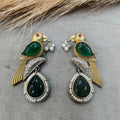 Silver oxidised Bird Earrings- Green