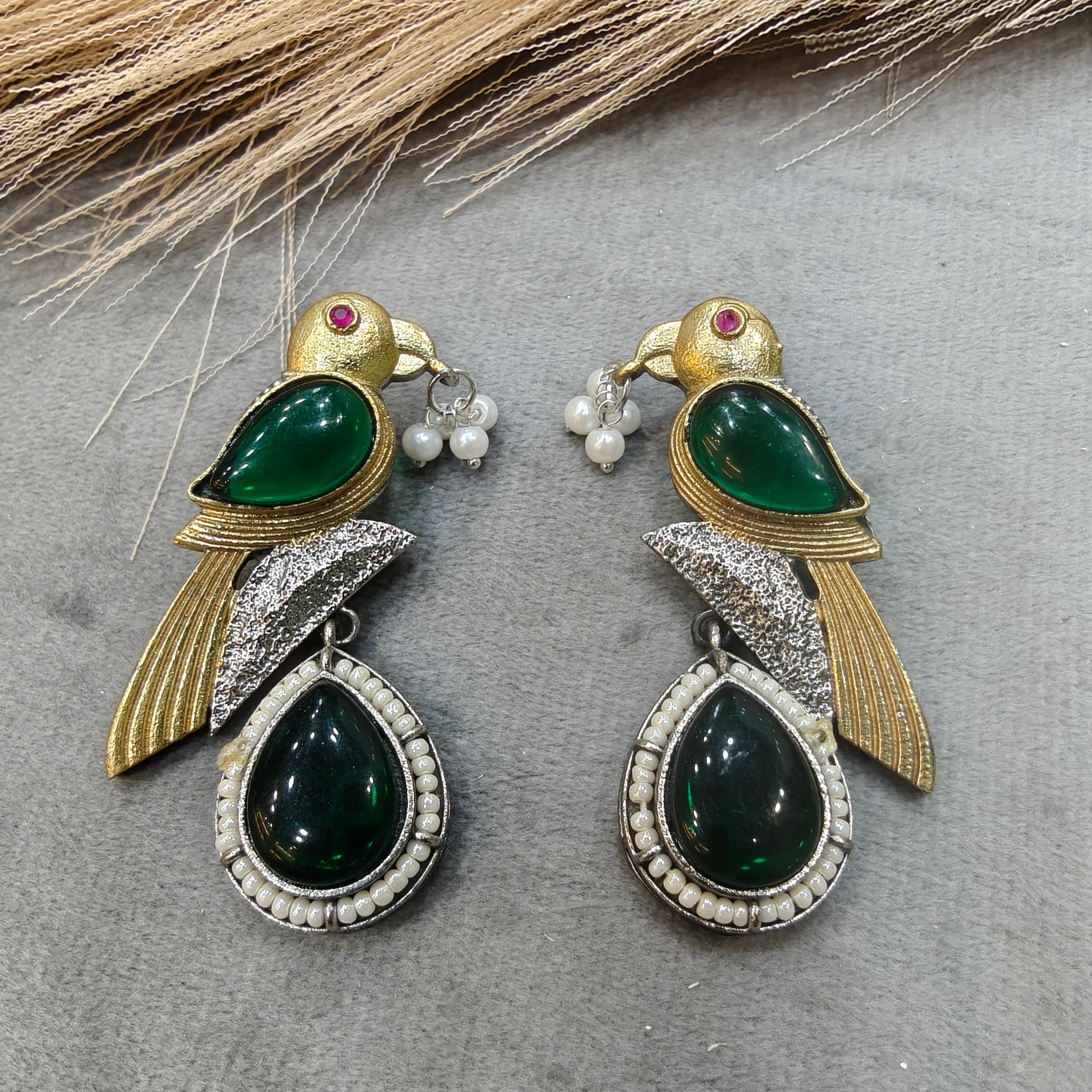 Silver oxidised Bird Earrings- Green