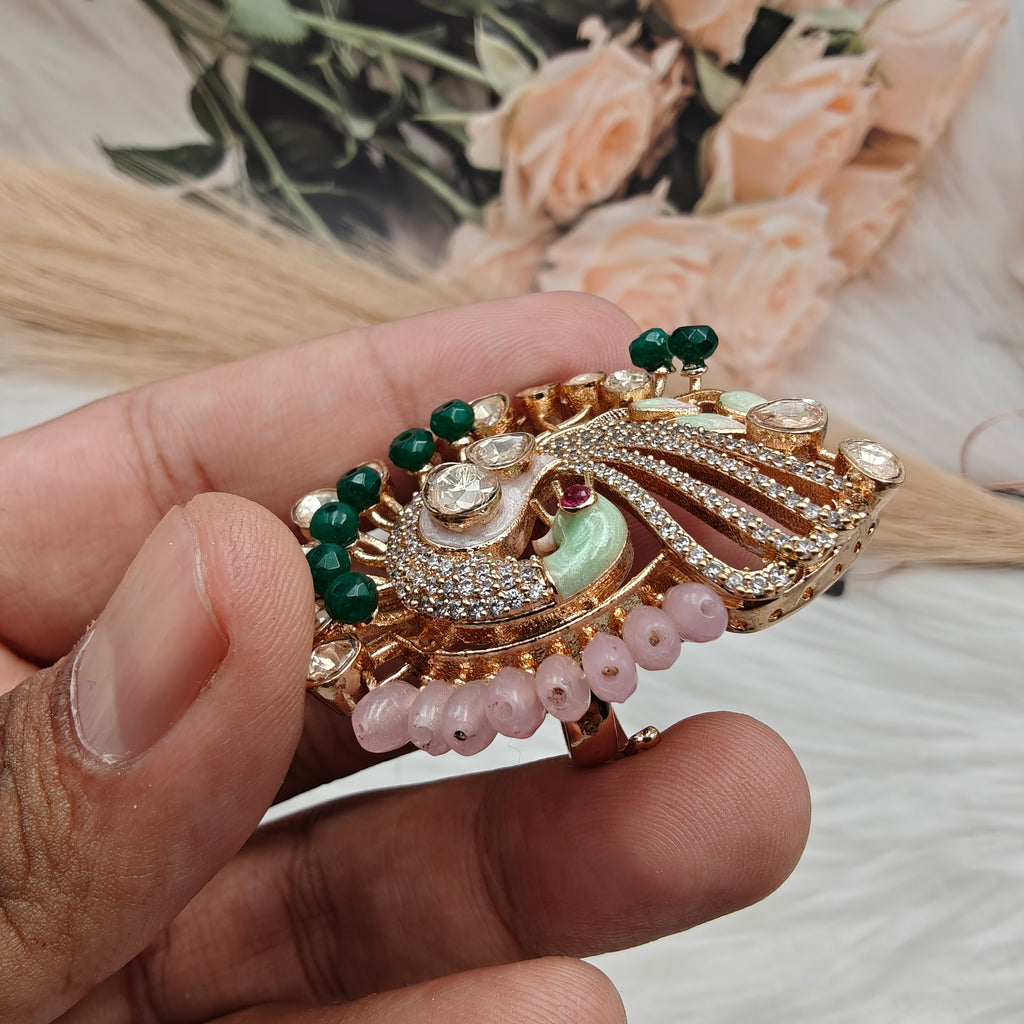 Mayuma Peacock Statement Italian Enamel Moissanite Ring - Pink n Green