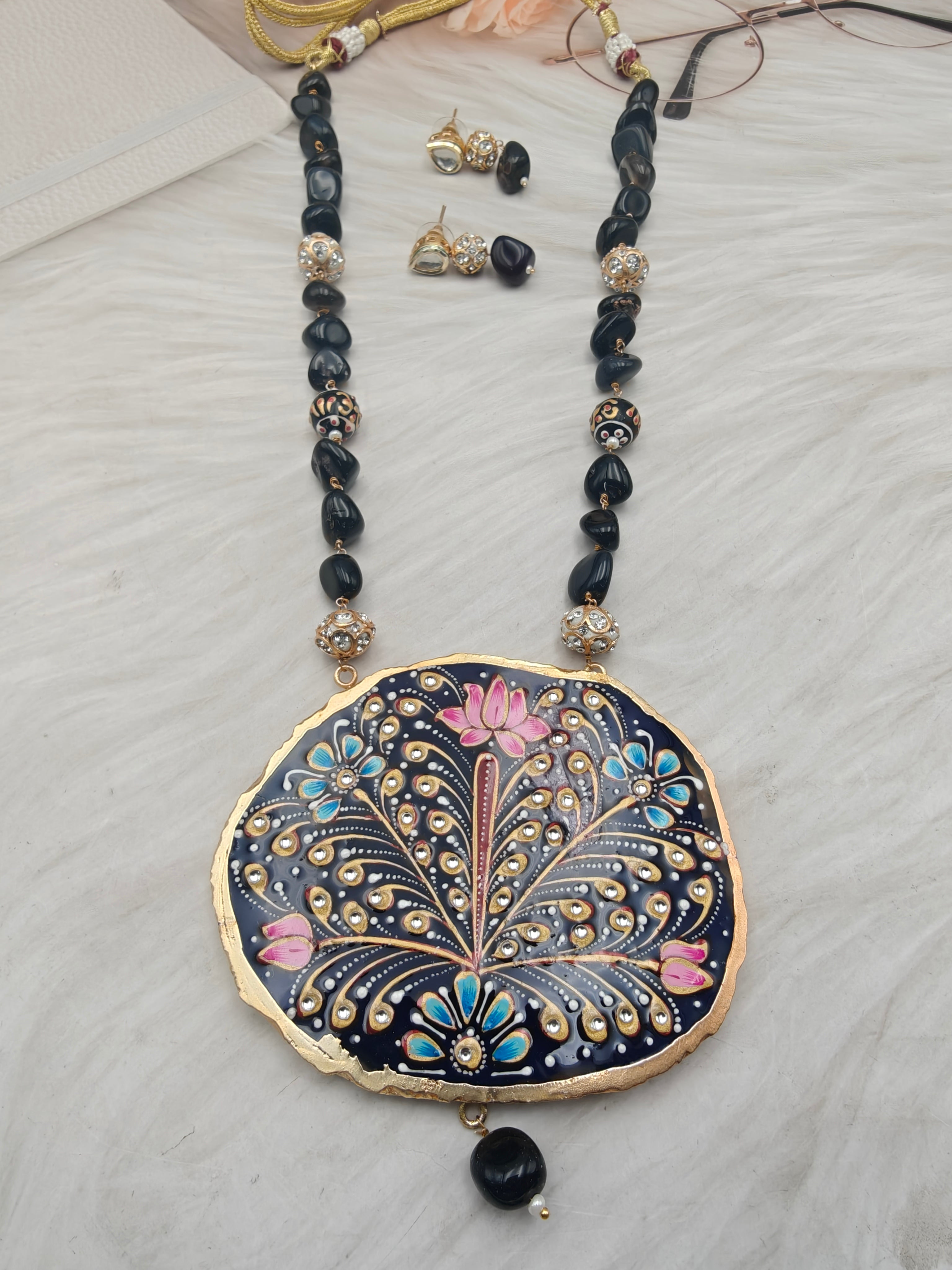 Tanjore Natural Stone Necklace Set - Black