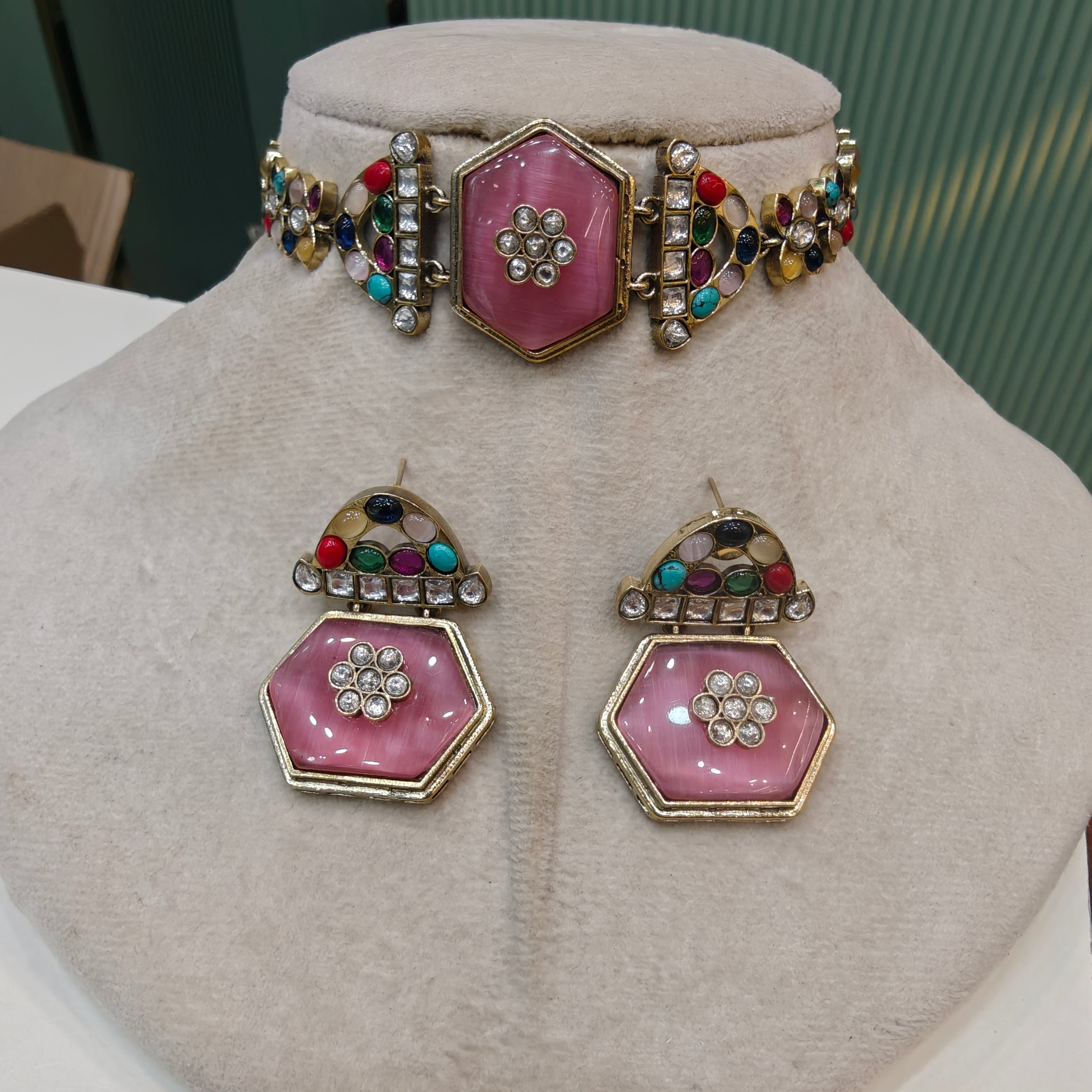 Ozel Navratan Sleek Choker Set- Pink Multi