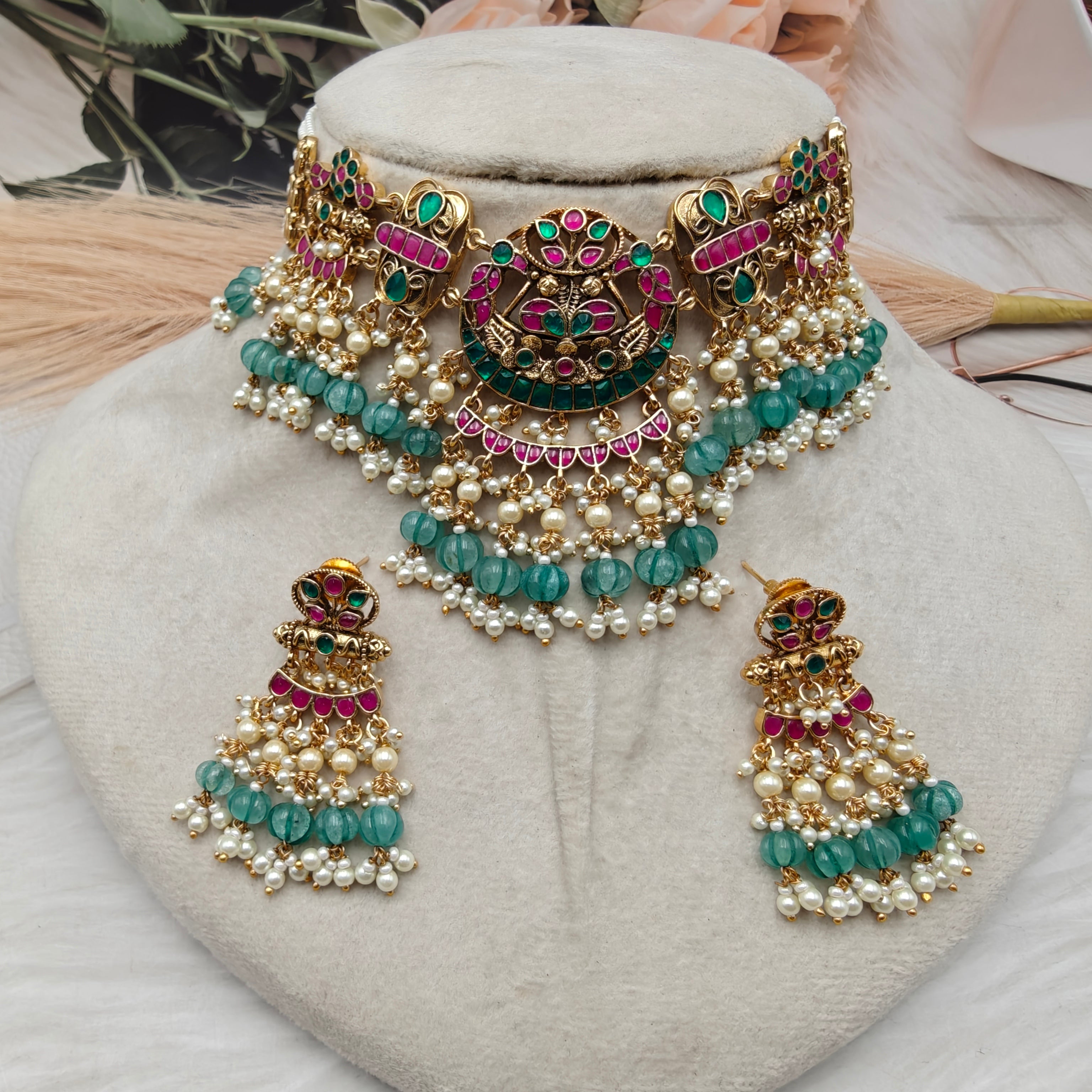 Kashvi Pachi Kundan Jadtar Necklace Set - Mint Green N Ruby