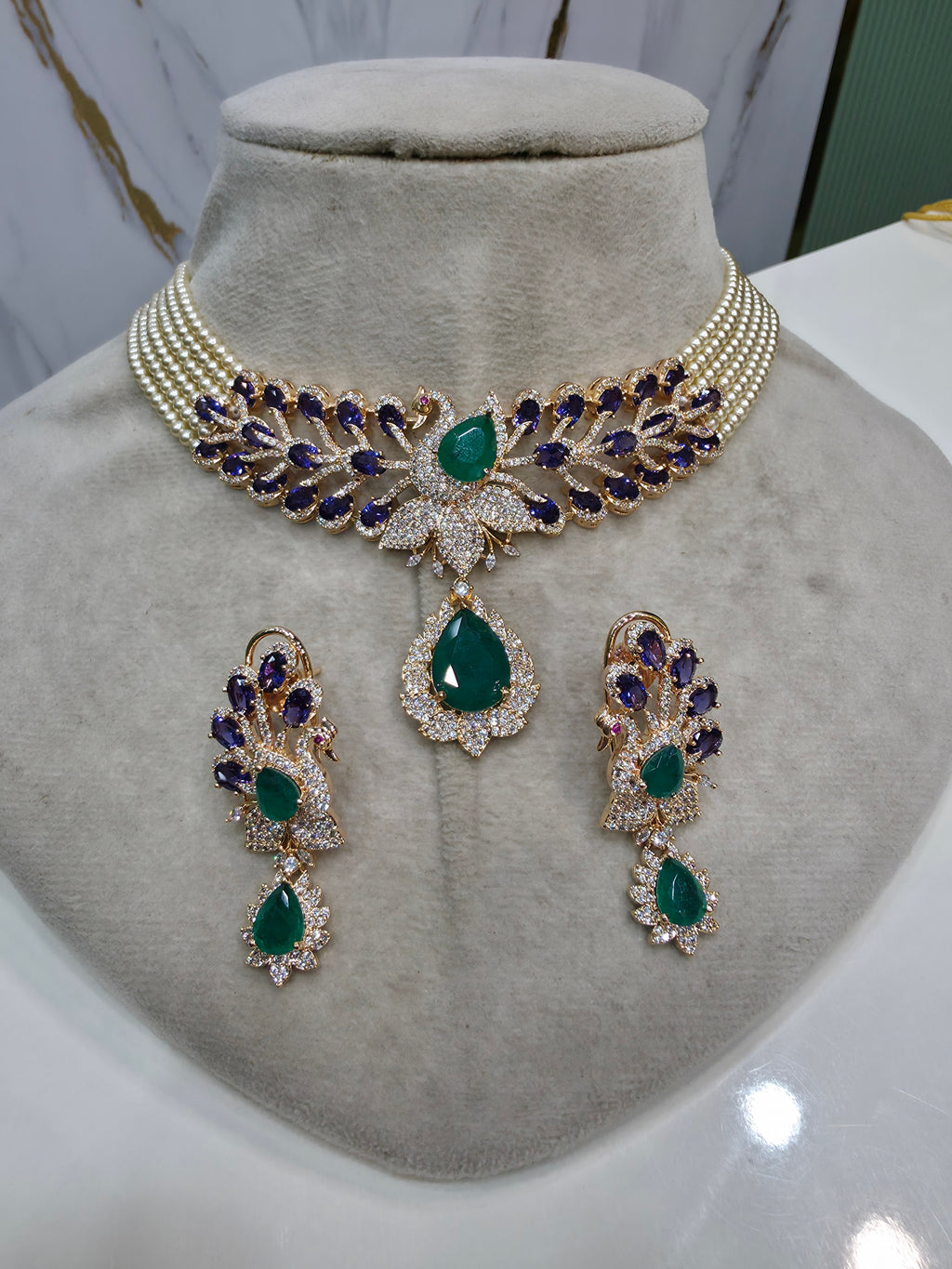 Mayura Hazoori Inspired Doublet and Pearl Choker Necklace Set- Purple Emerald