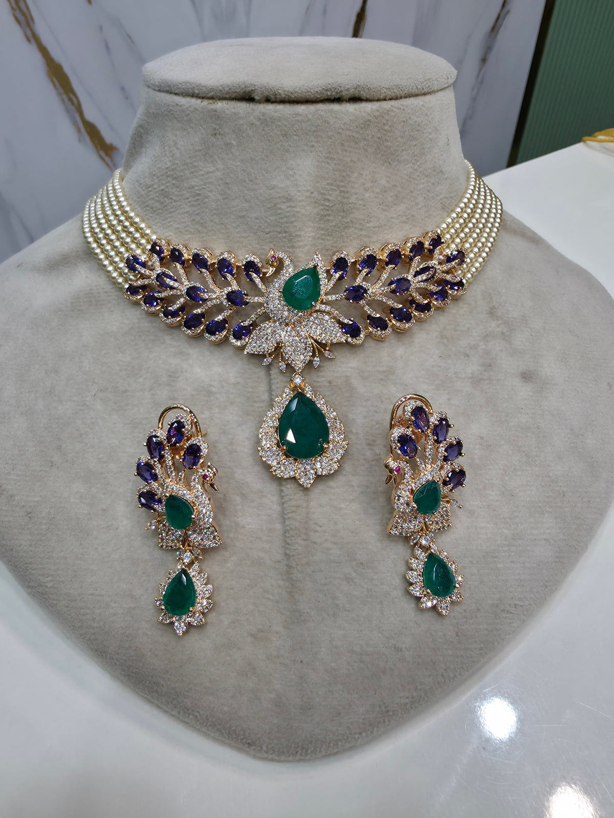 Mayura Hazoori Inspired Doublet and Pearl Choker Necklace Set- Purple Emerald