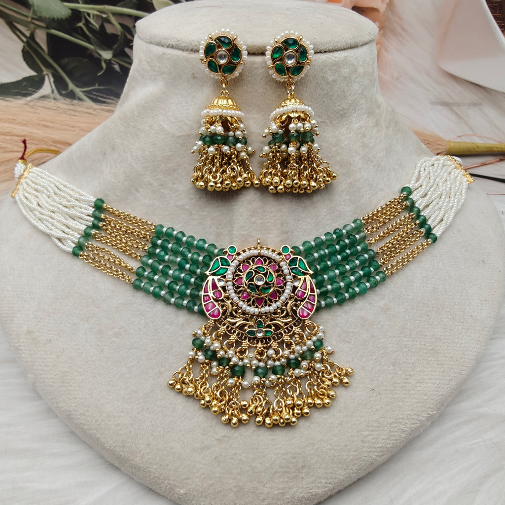 Vatsala Premium Pachi Kundan Choker Set - Mint Green n Ruby
