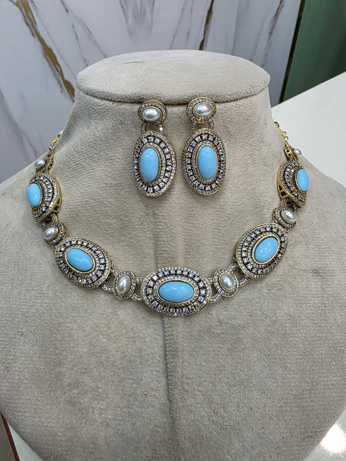 Aashi Statement Sleek Choker Necklace Set- Turquoise/ Firoza