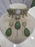 Alokika Sabya Inspired Pearl and Natural Stone Necklace Set- Mint Pink