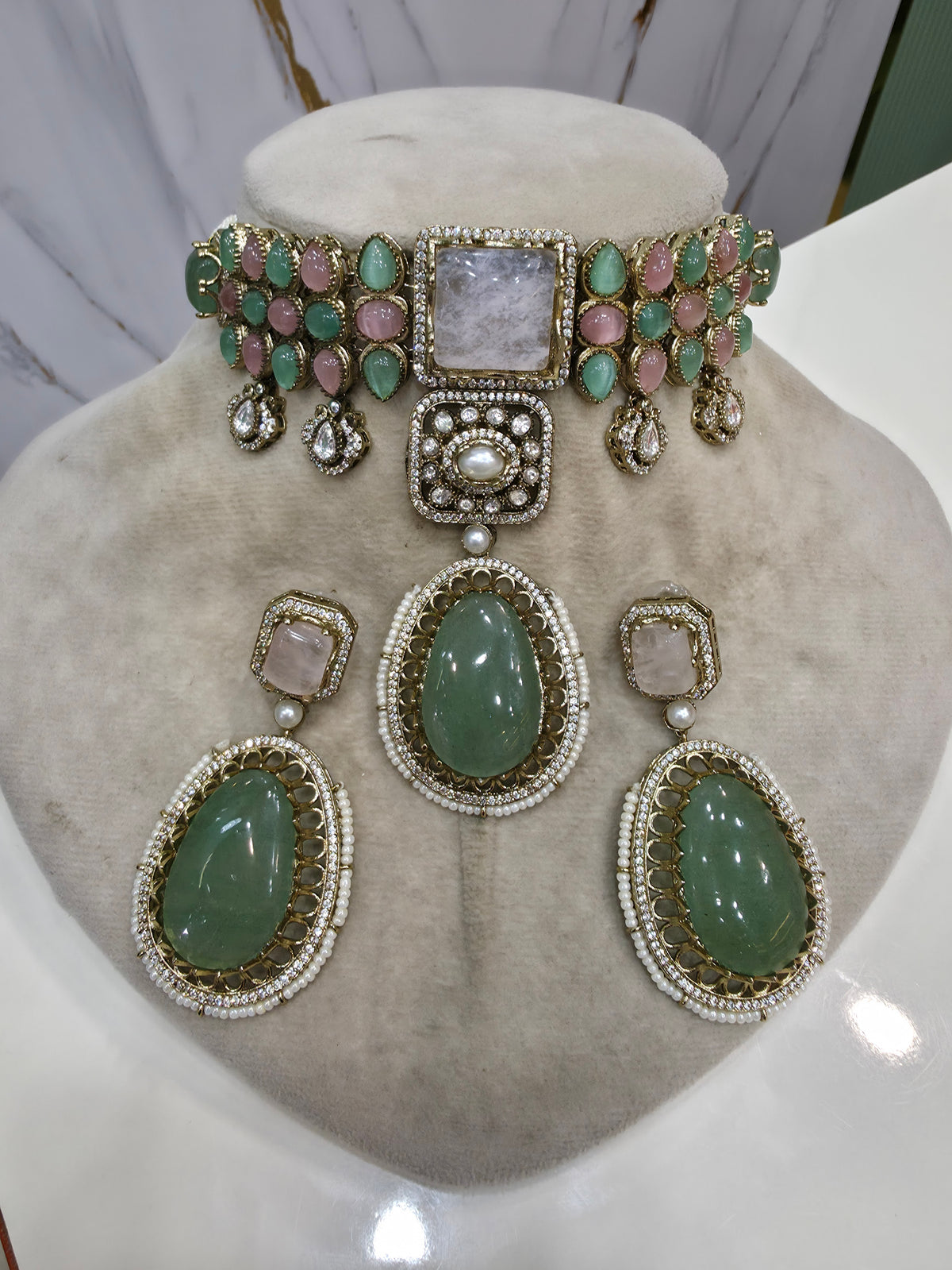 Alokika Sabya Inspired Pearl and Natural Stone Necklace Set- Mint Pink