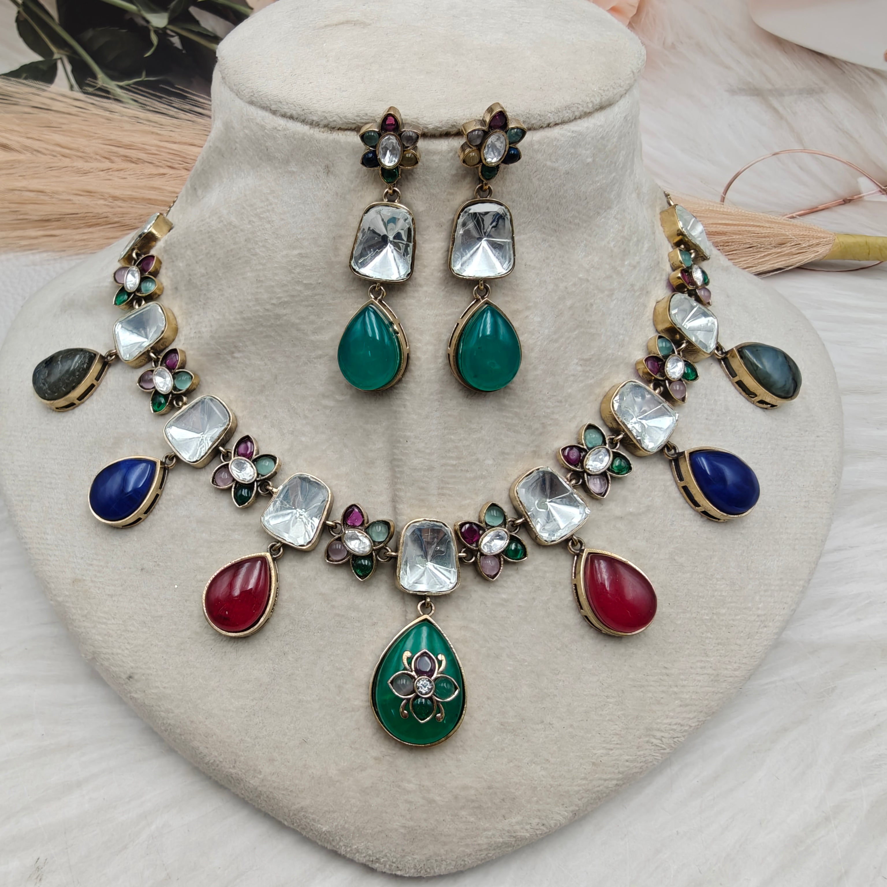 Khushbu Sabyasachi Inspired Natural Stones Necklace Set - Multi