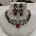 Adavni Doublet Necklace Set- Green Red