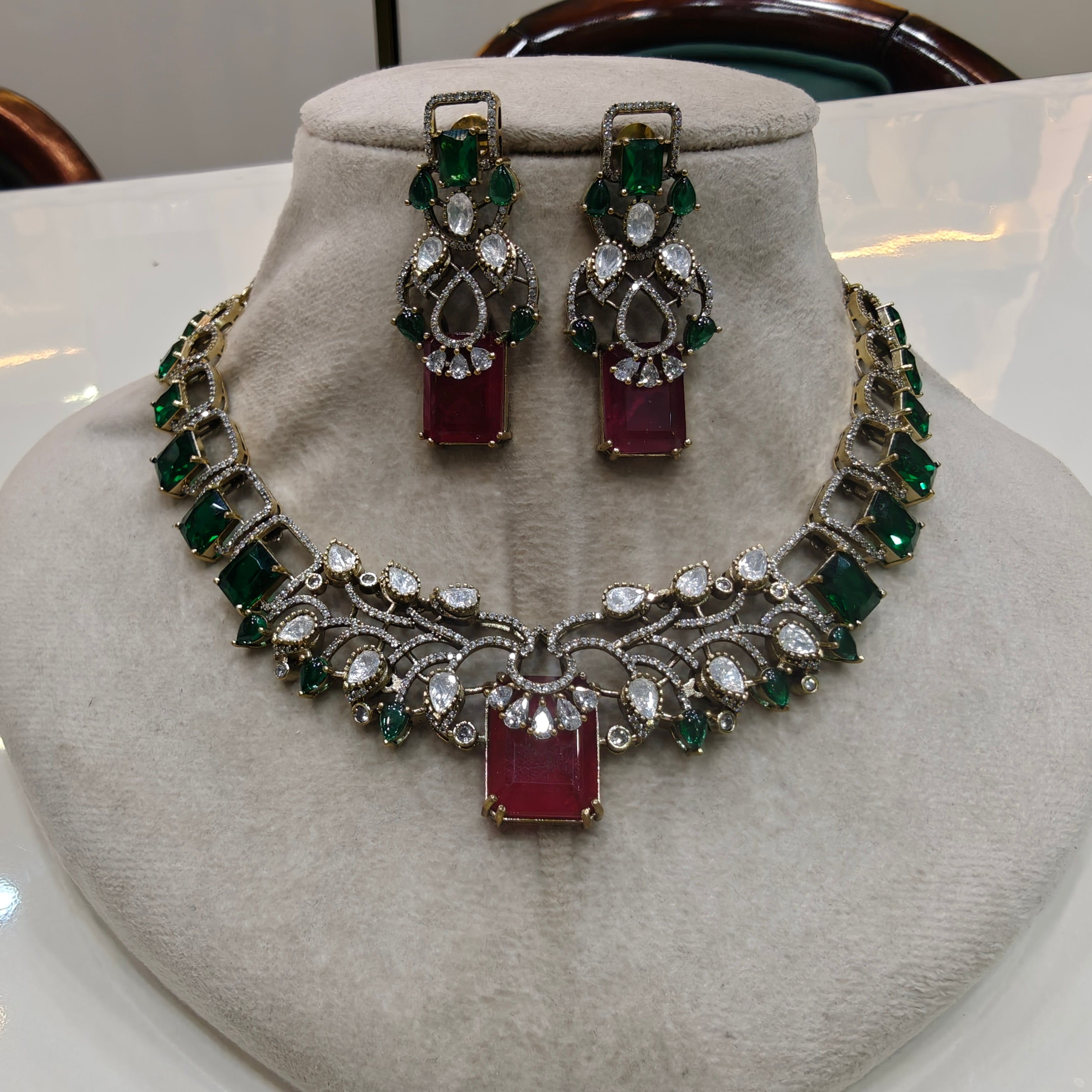Adavni Doublet Necklace Set- Green Red