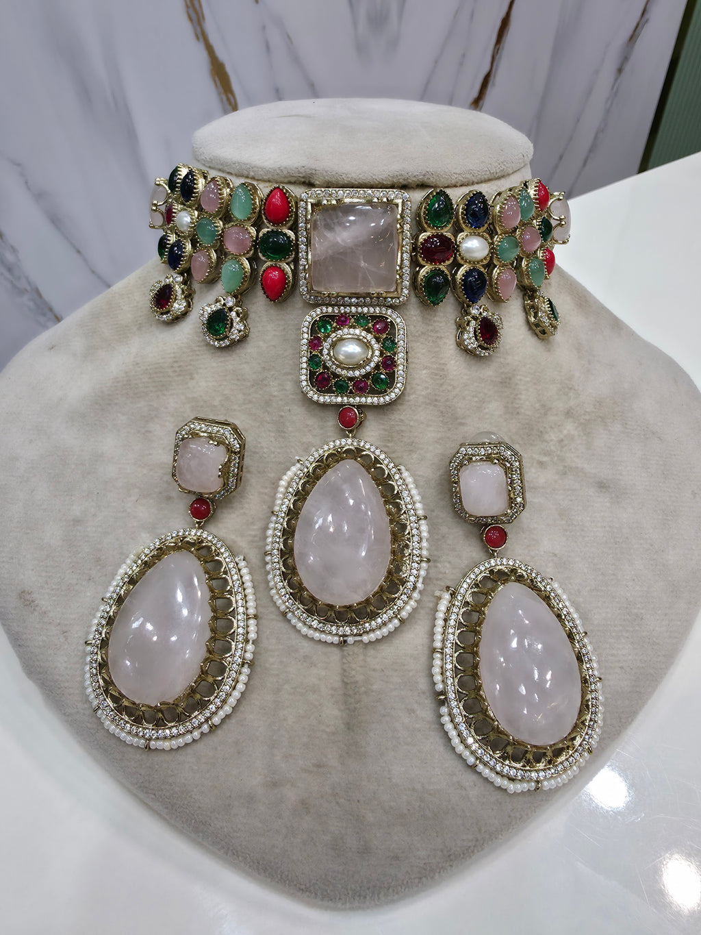 Alokika Sabya Inspired Pearl and Natural Stone Necklace Set- Soft Pink Multi