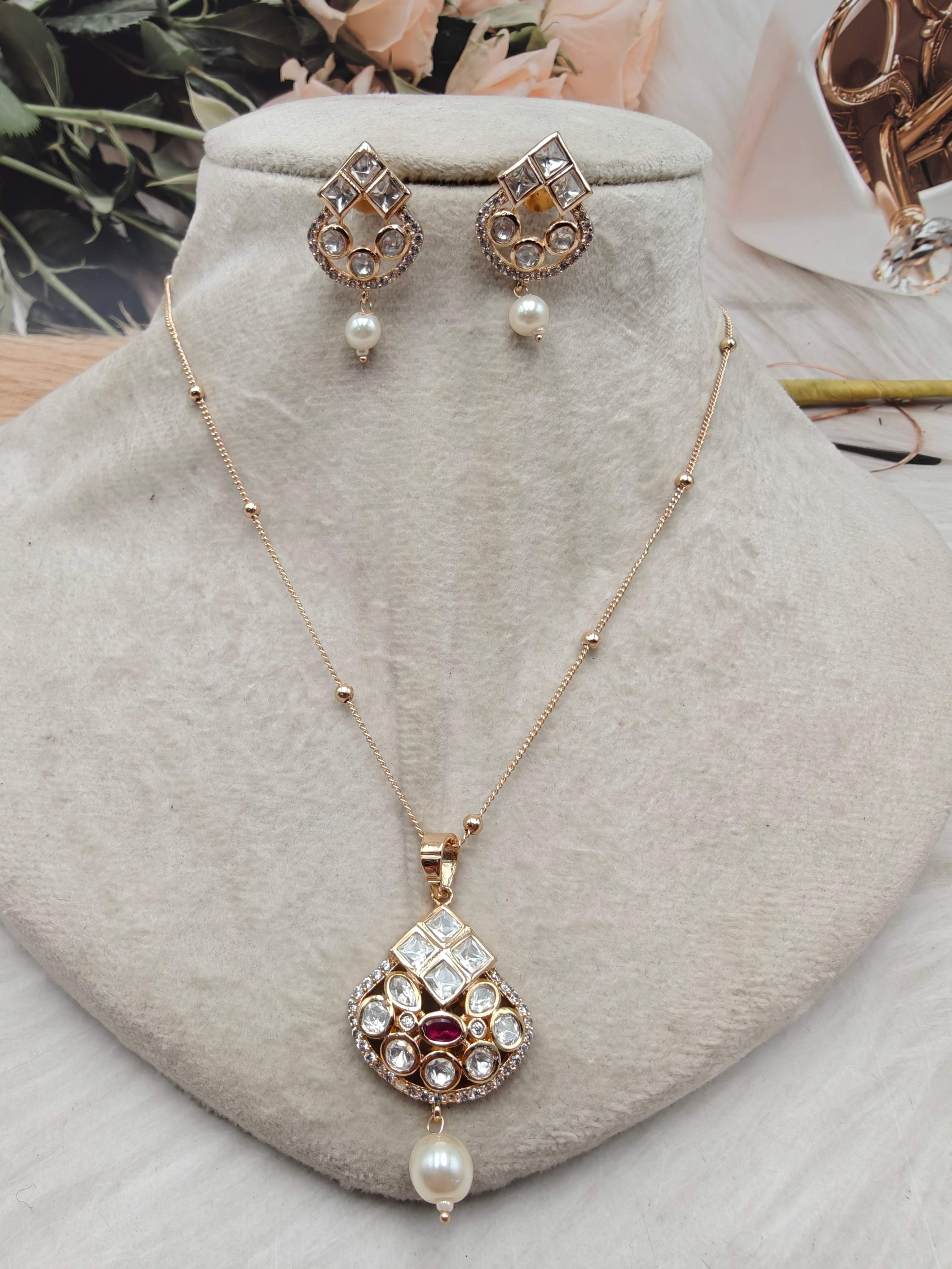 Vaidehi Silver Foil Polki Pendant Set (Carat Plating)- Ruby