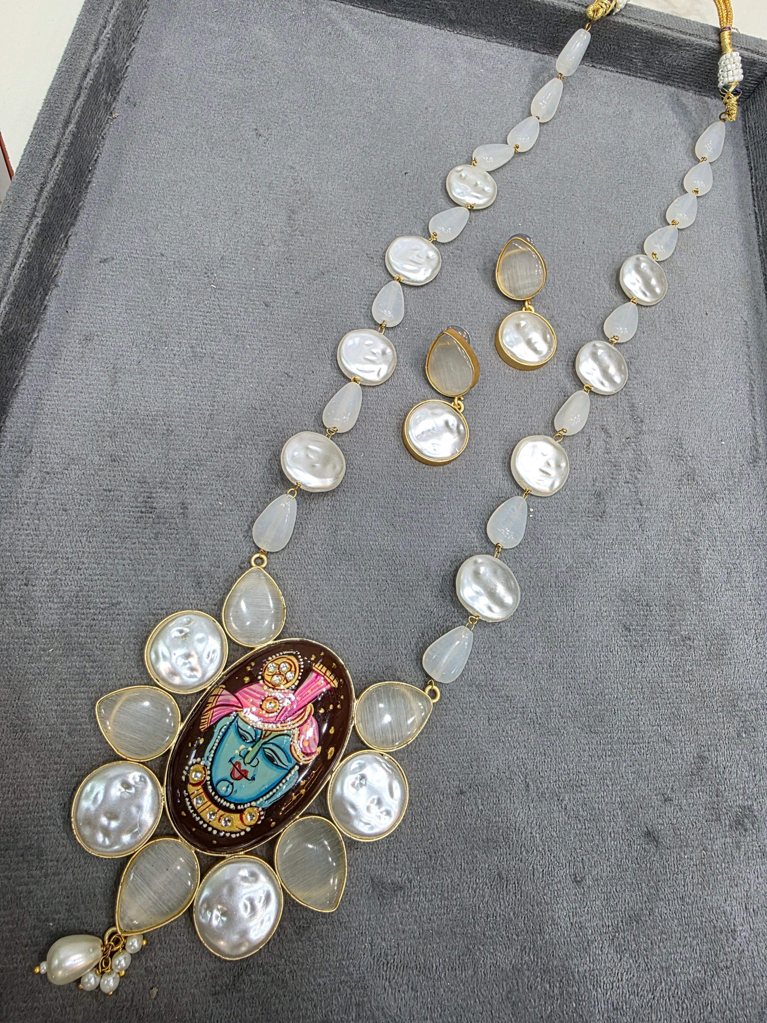 Shree Nath ji Tanjore Long Necklace - White