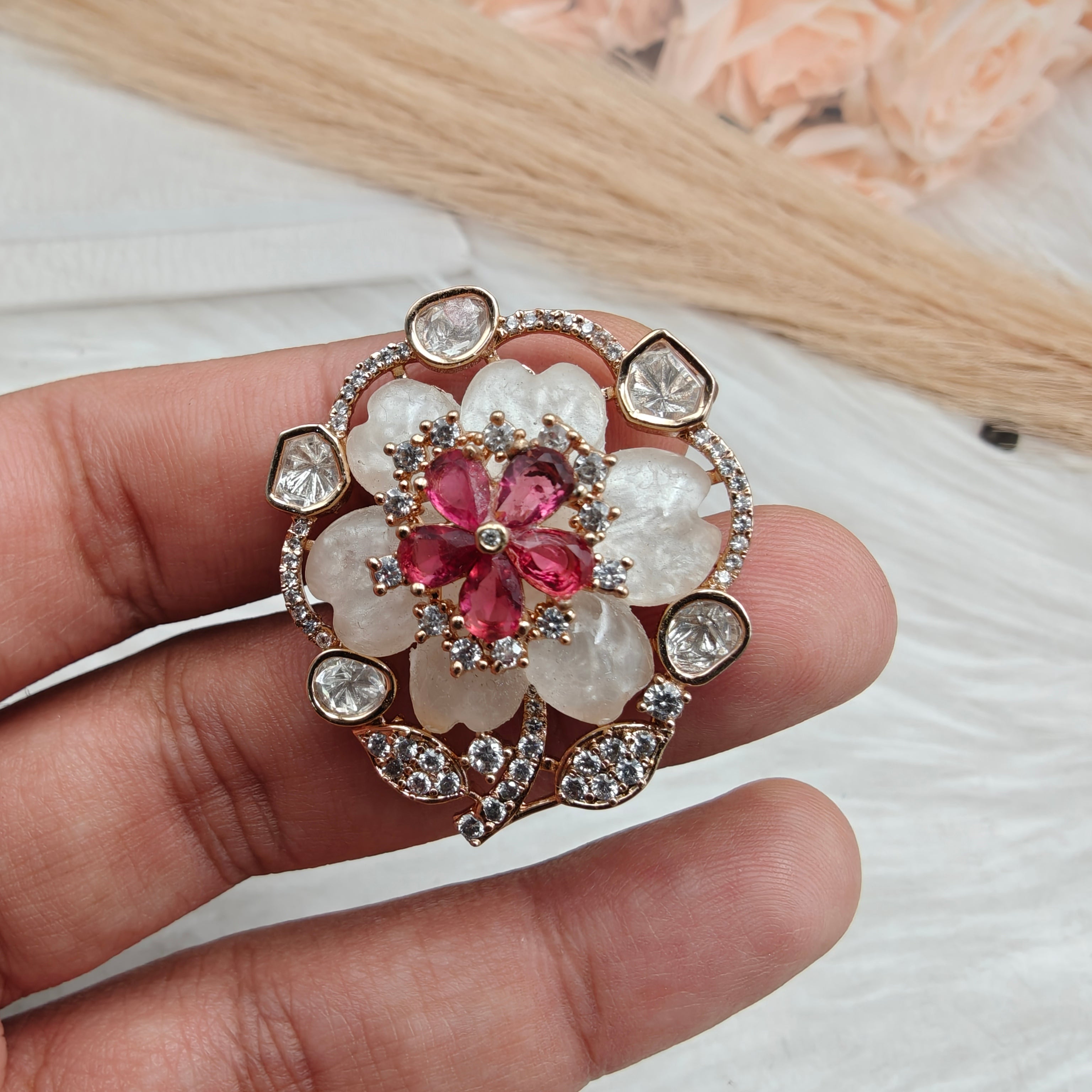 Floral Mother of Pearl Adjustable Ring- Ruby