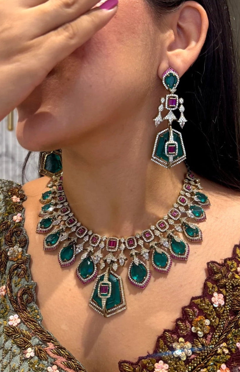 Tirthi Doublet and CZ Statement Necklace Set- Emerald Ruby