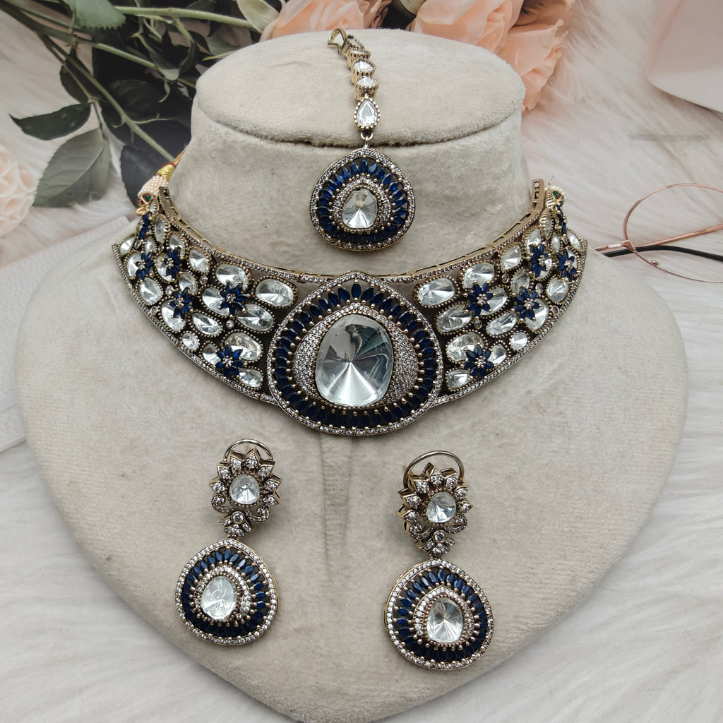 Nishika Uncut Polki Hasli Set with Mangtikka - Blue