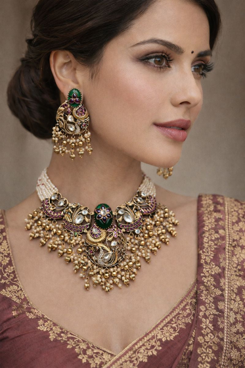 Kishi Swan In Lay Heritage Necklace Set- Green Quartz