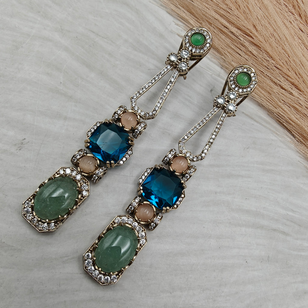 Rohini Sabya Inspired Gemstone Statement Earrings-Green aventurine and Blue