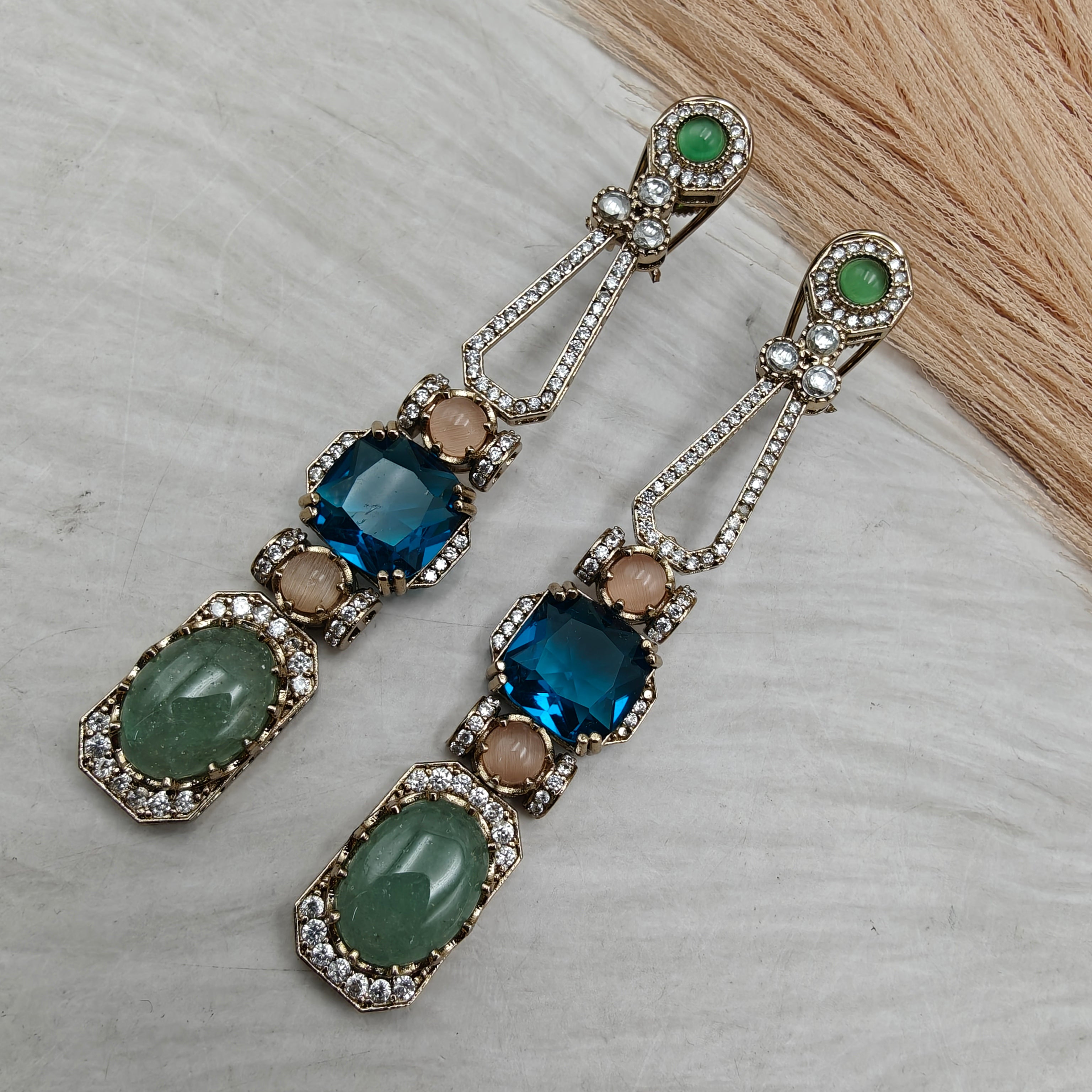 Rohini Sabya Inspired Gemstone Statement Earrings-Green aventurine and Blue