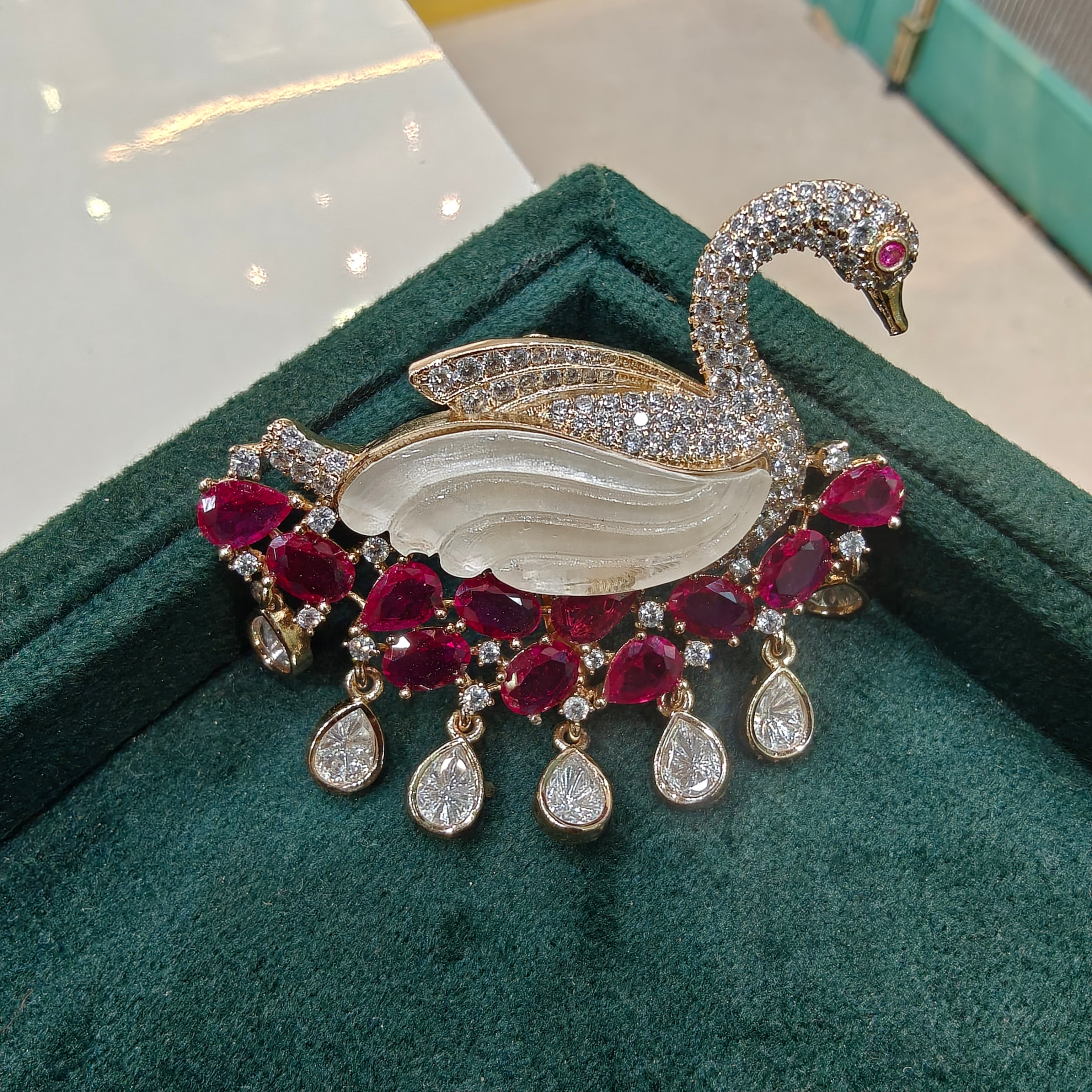 Swan Mother of Pearl Brooch- Ruby