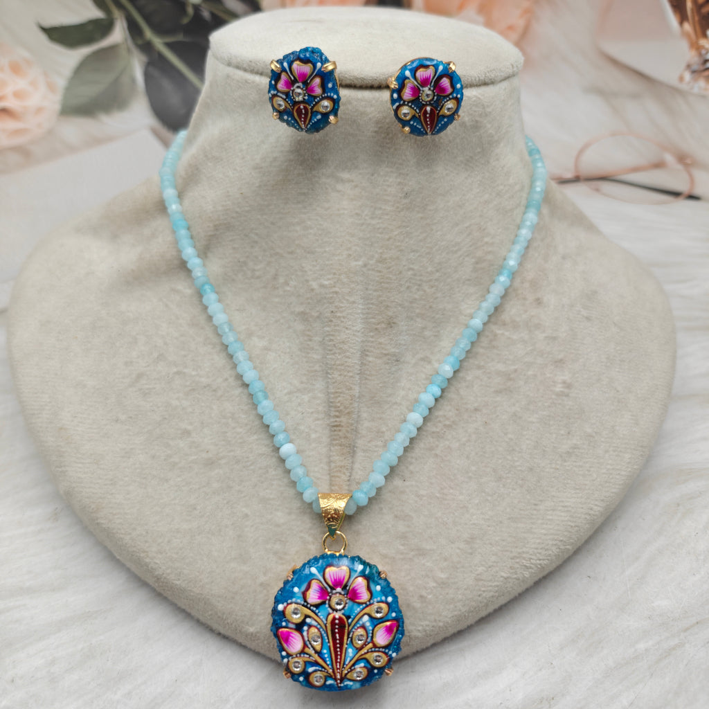 Tanjore Solar Quartz and Onyx Pendant Set- Sky Blue