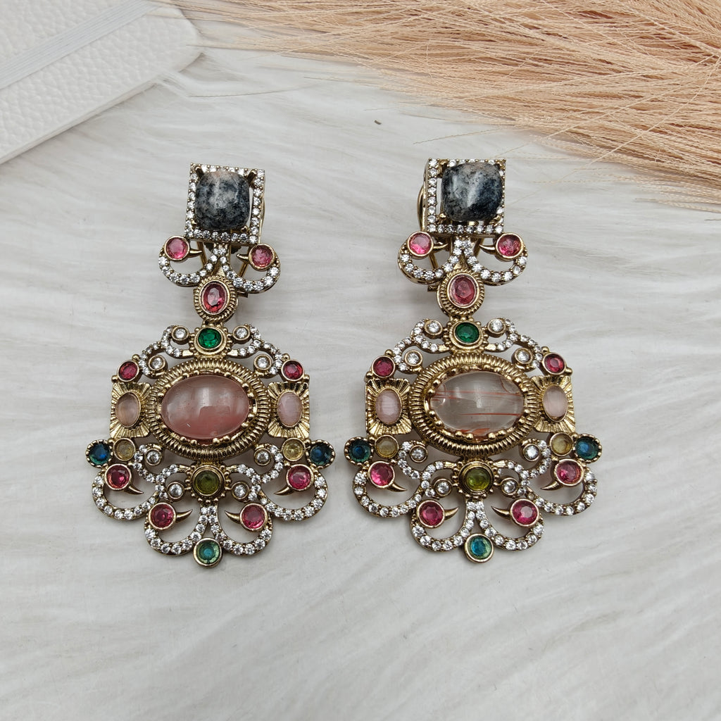 Sabyasachi Inspired Toshiba Natural Stones Earrings - Pink Black