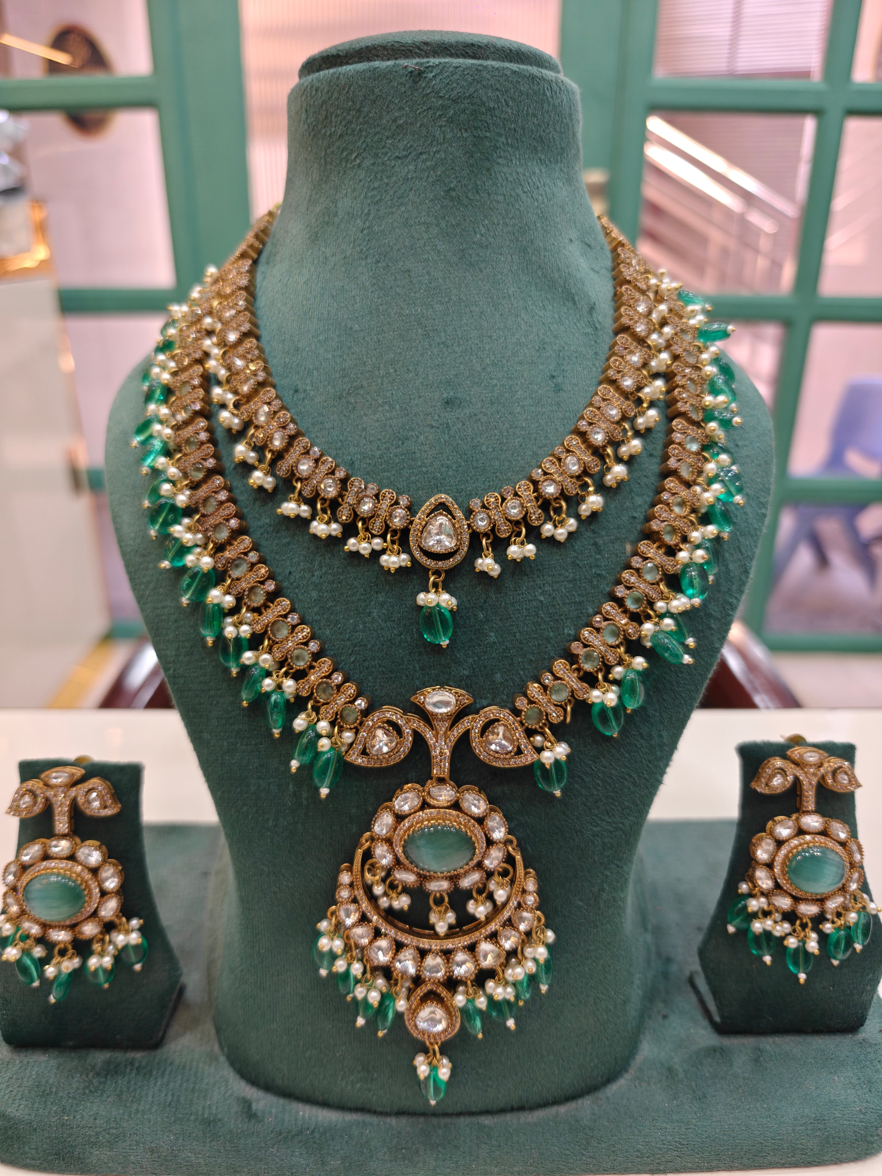 Nupur Double Layer Necklace Set- Mint