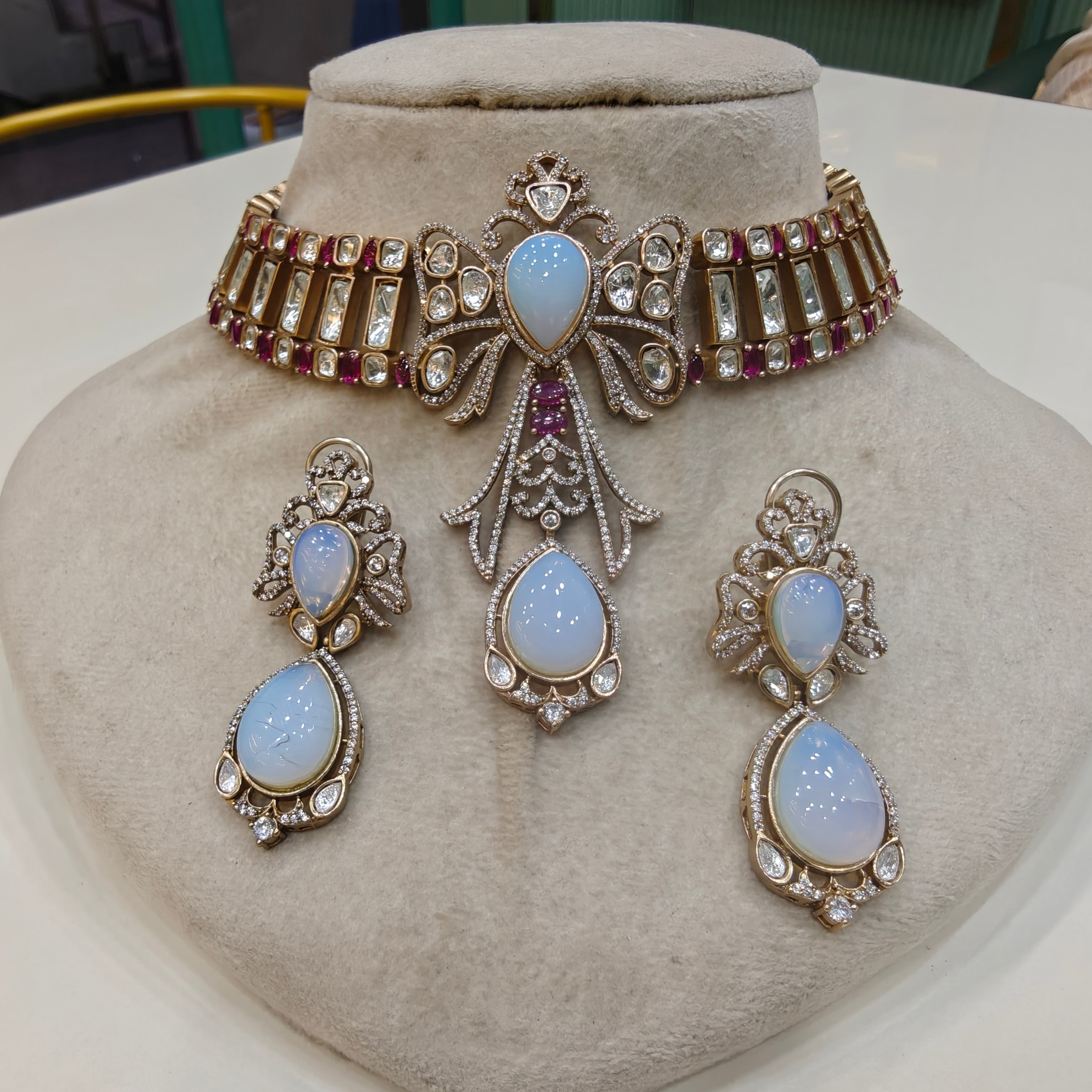 Mirza Opal and Moissanite Choker Set- White Ruby