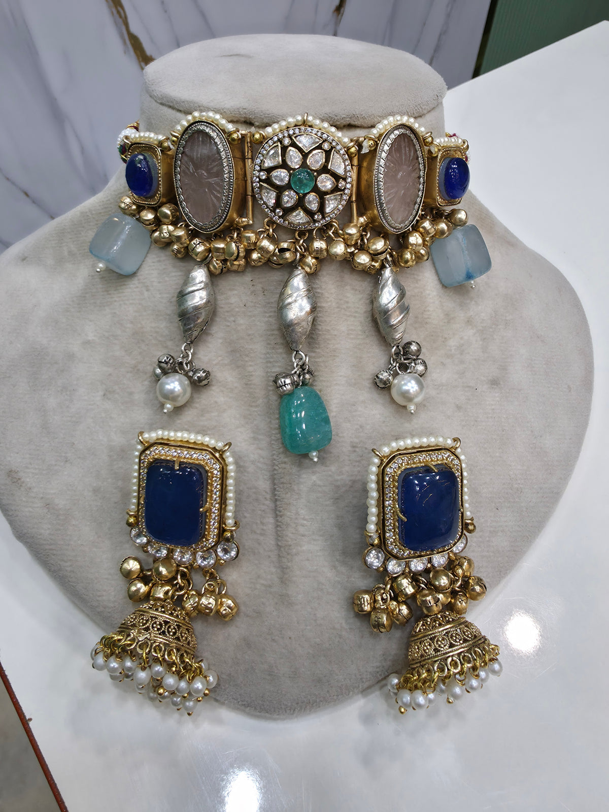 Akshala Amrapali Brass Fusion Handcrafted Choker - Rose Quartz n Blue Sapphire