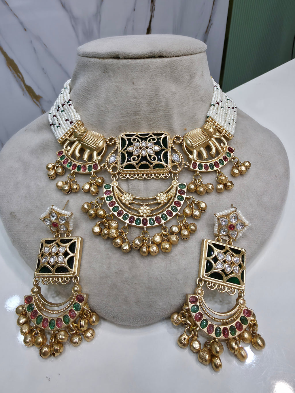 Ayesha Gajja Matte Gold Handcrafted Brass Choker Necklace Set- Green and Ruby Red