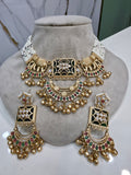 Ayesha Gajja Matte Gold Handcrafted Brass Choker Necklace Set- Green and Ruby Red