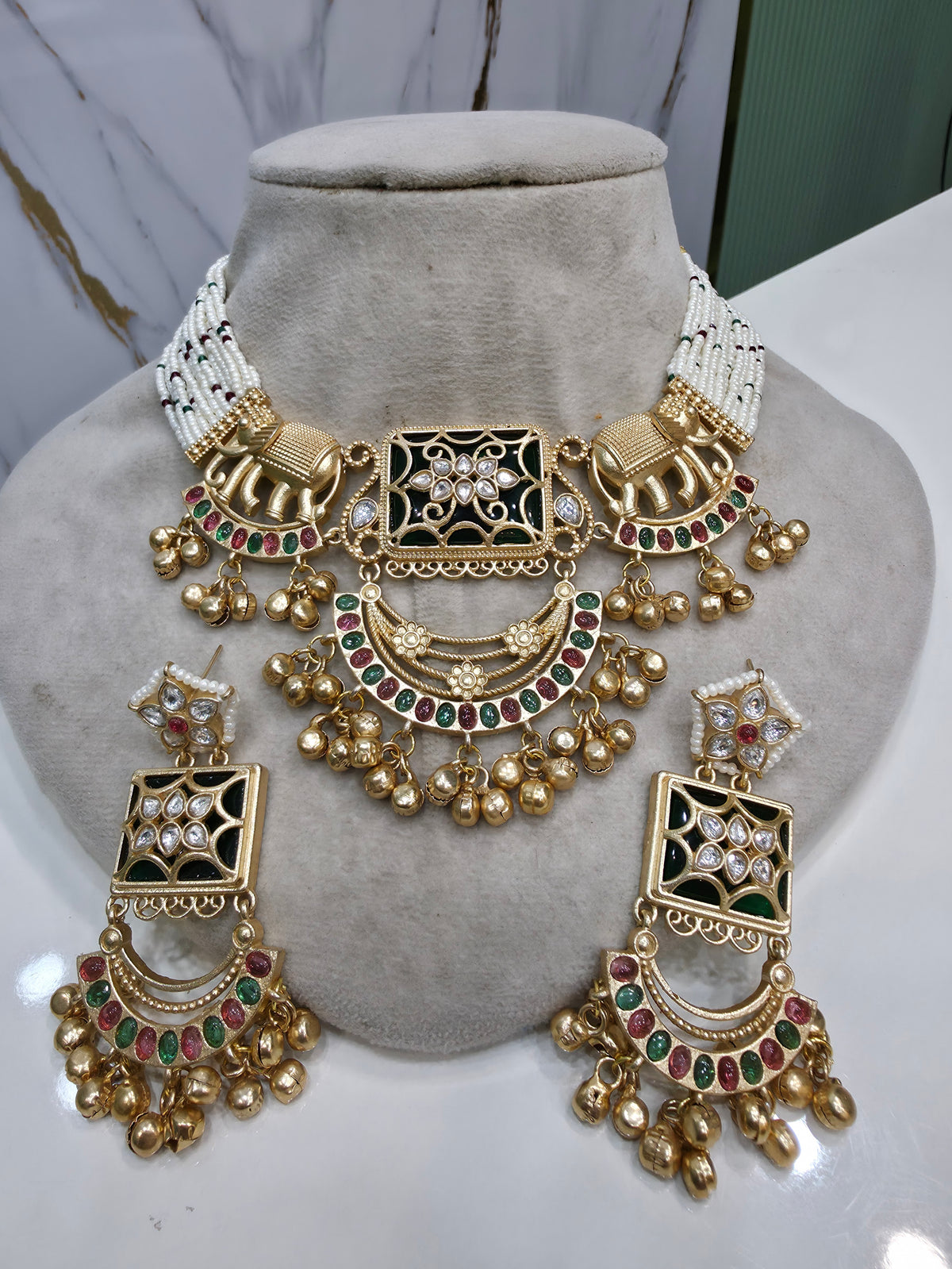 Ayesha Gajja Matte Gold Handcrafted Brass Choker Necklace Set- Green and Ruby Red