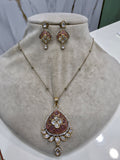 Aariz Epoxy Moissanite Polki Pendant Set- Pink