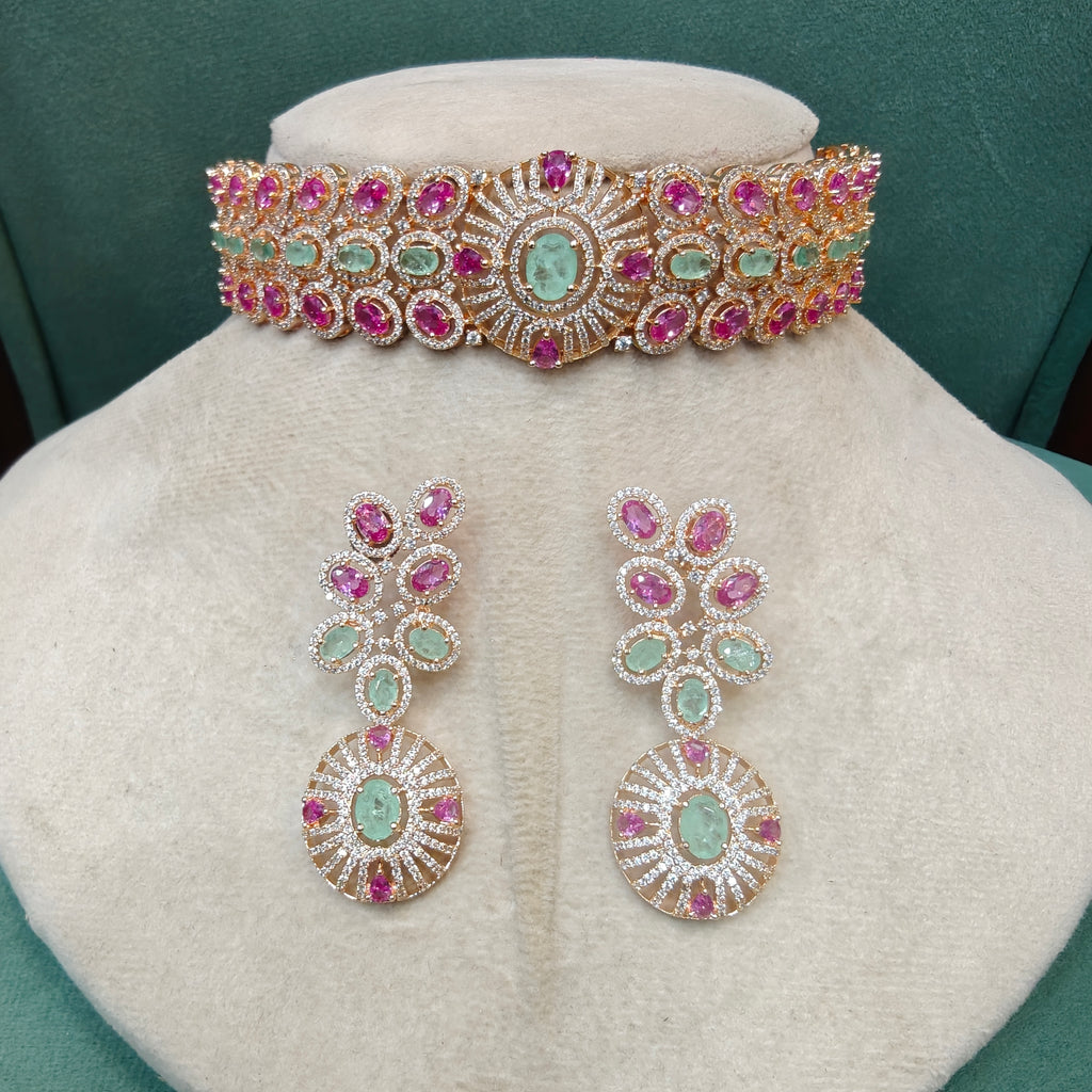 Radhya Premium Russian Doublet Choker Set- Ruby Mint