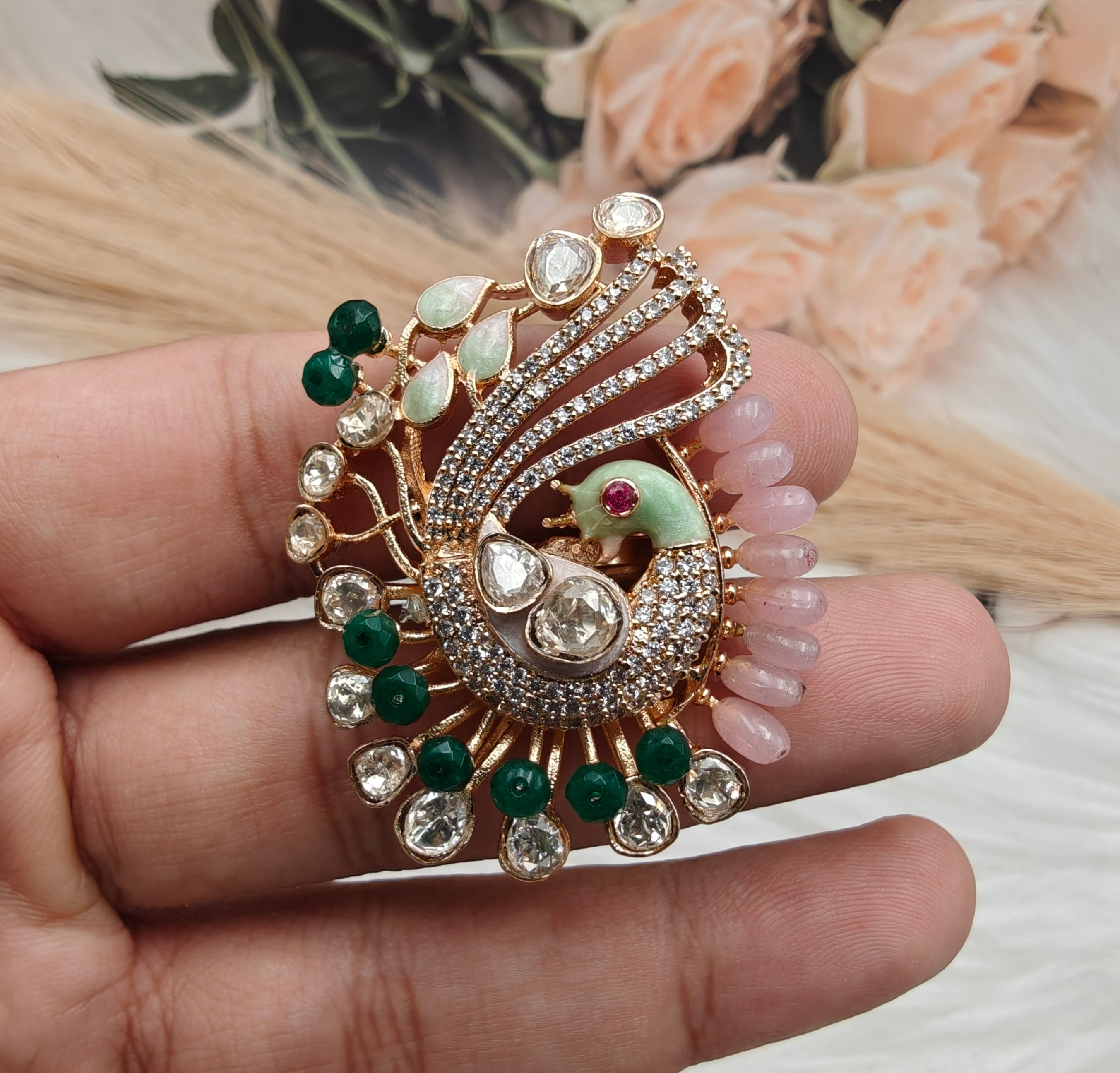 Mayuma Peacock Statement Italian Enamel Moissanite Ring - Pink n Green