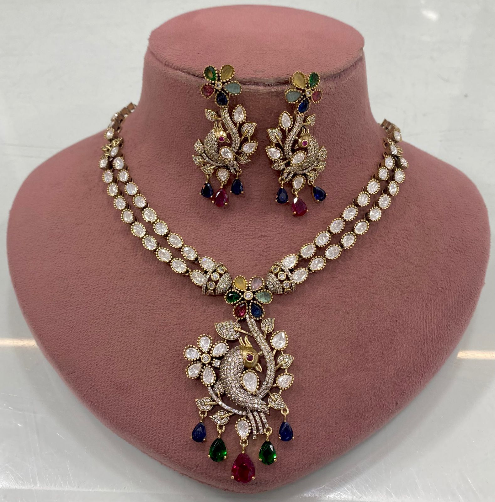 Anokhi Mayura Jadau Moissanite Polki Victorian Necklace Set - Multi