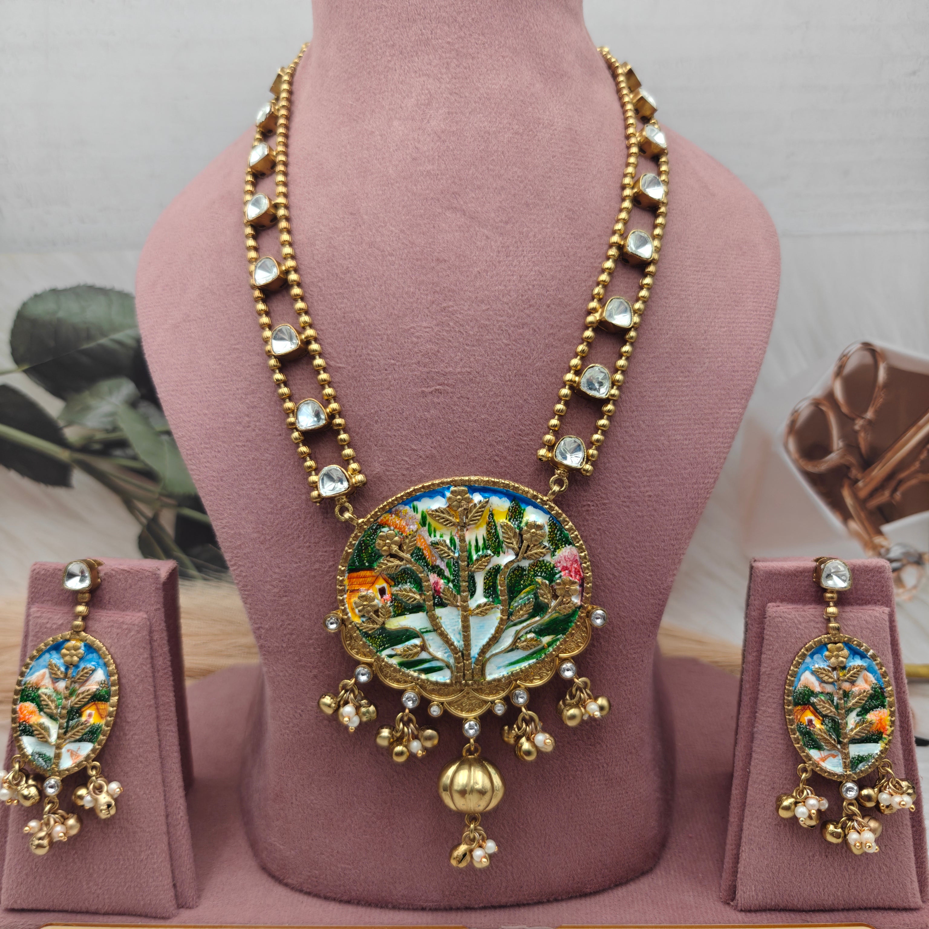 Tanjore Handcrafted Brass Fusion Amrapali Necklace Set - Multi