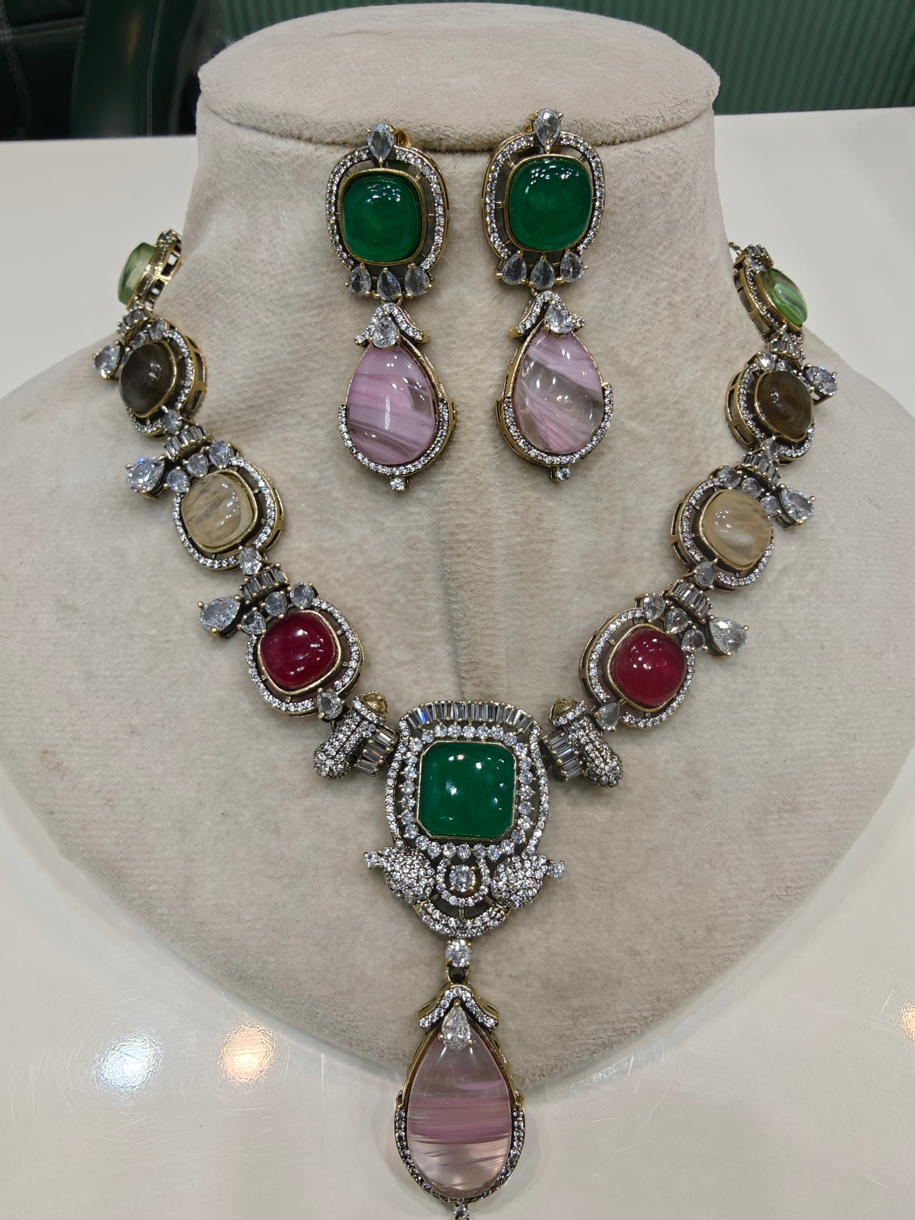 Aasma Sabya Inspired Quartz Doublet Necklace Set- Pink Green Multi
