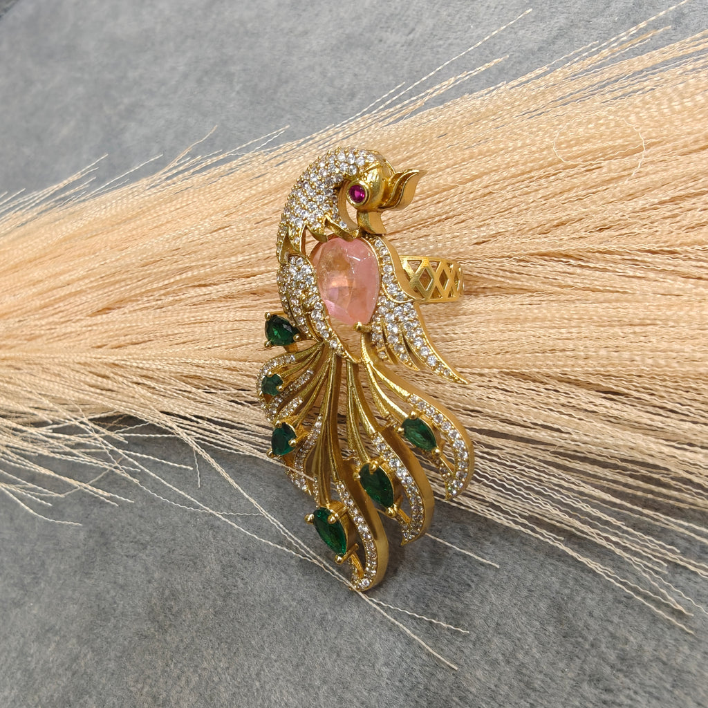 Vantara Mayura Adjustable Finger Ring- Green and Pink