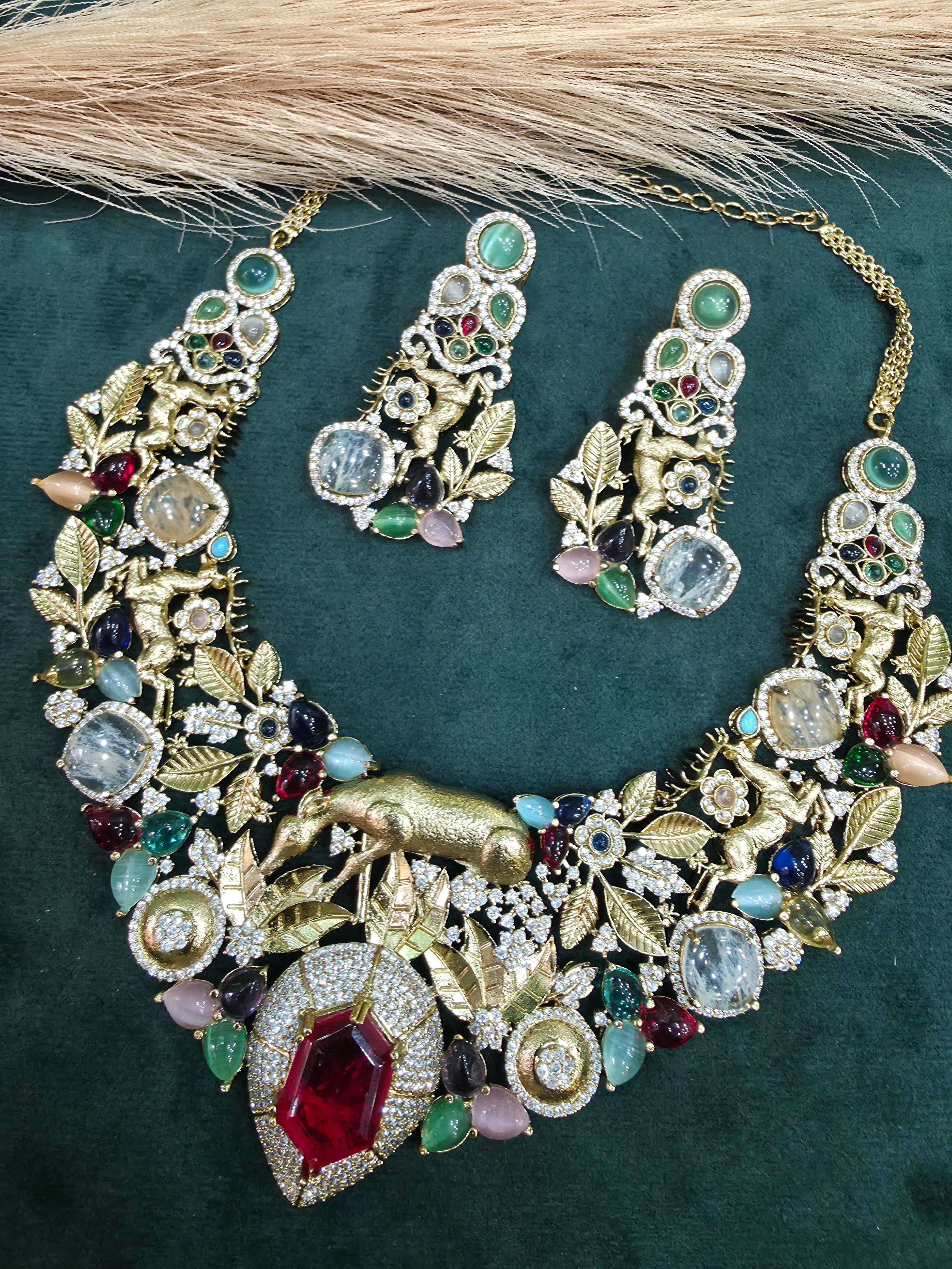 Aranya Vantara Semi Precious Stones Statment Necklace Set- Red Multi