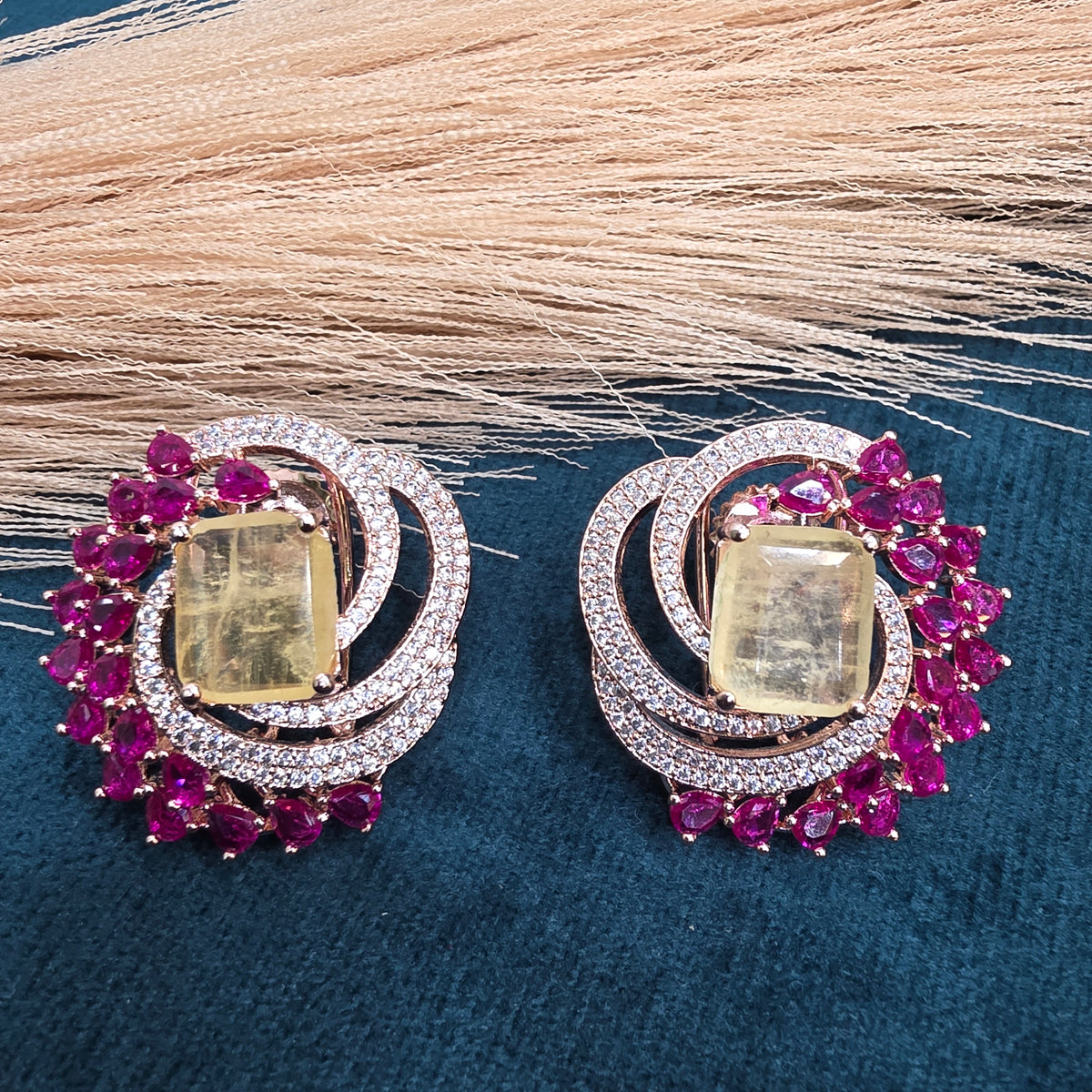 Ragini Doublet Rose Gold Finish Studs- Yellow Ruby Pink