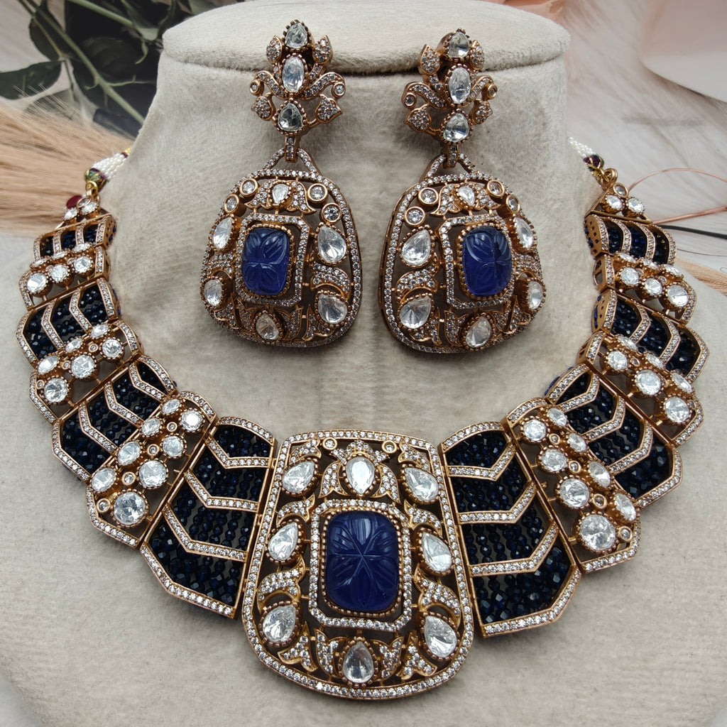 Vandita Carving Stone with Moissanite Necklace Set- Blue