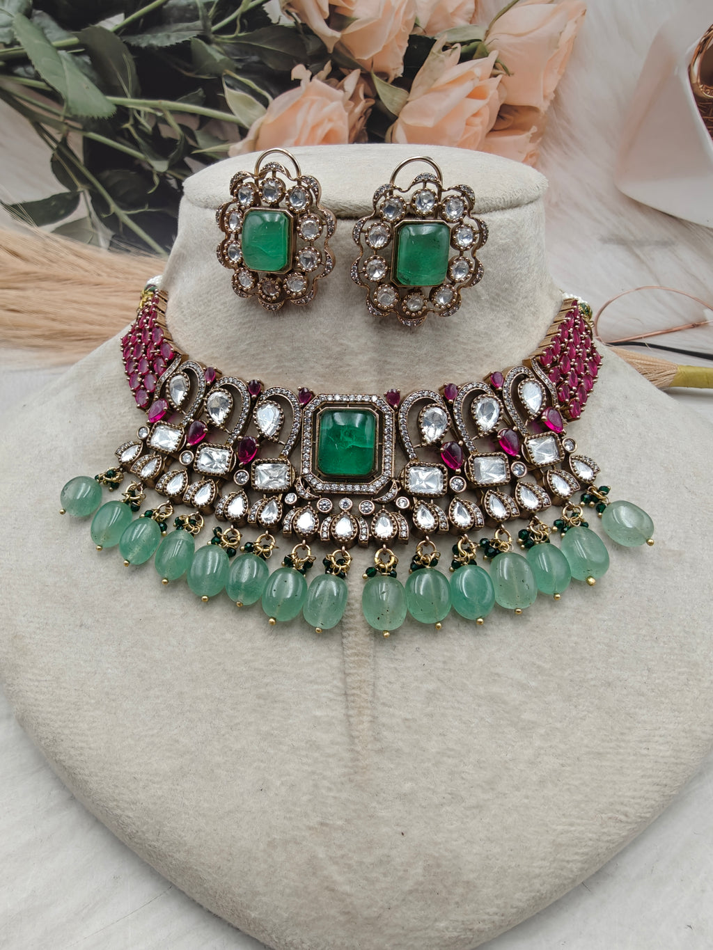 Kahani-e-Noor Premium Uncut Moissanite Polki and Doublet Choker Set- Ruby and Green Flourite
